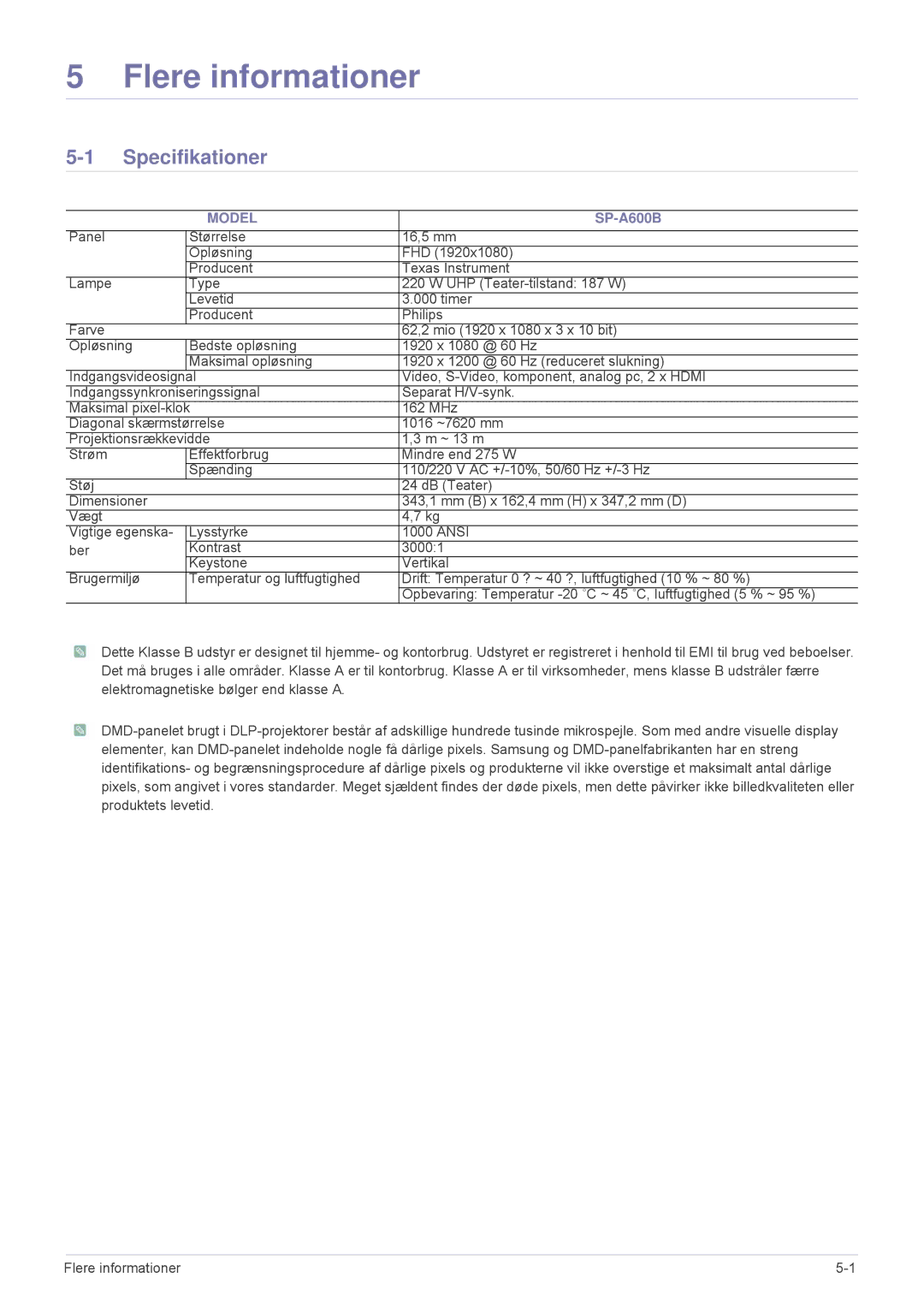 Samsung SPA600BX/EN manual Flere informationer, Specifikationer, Model 