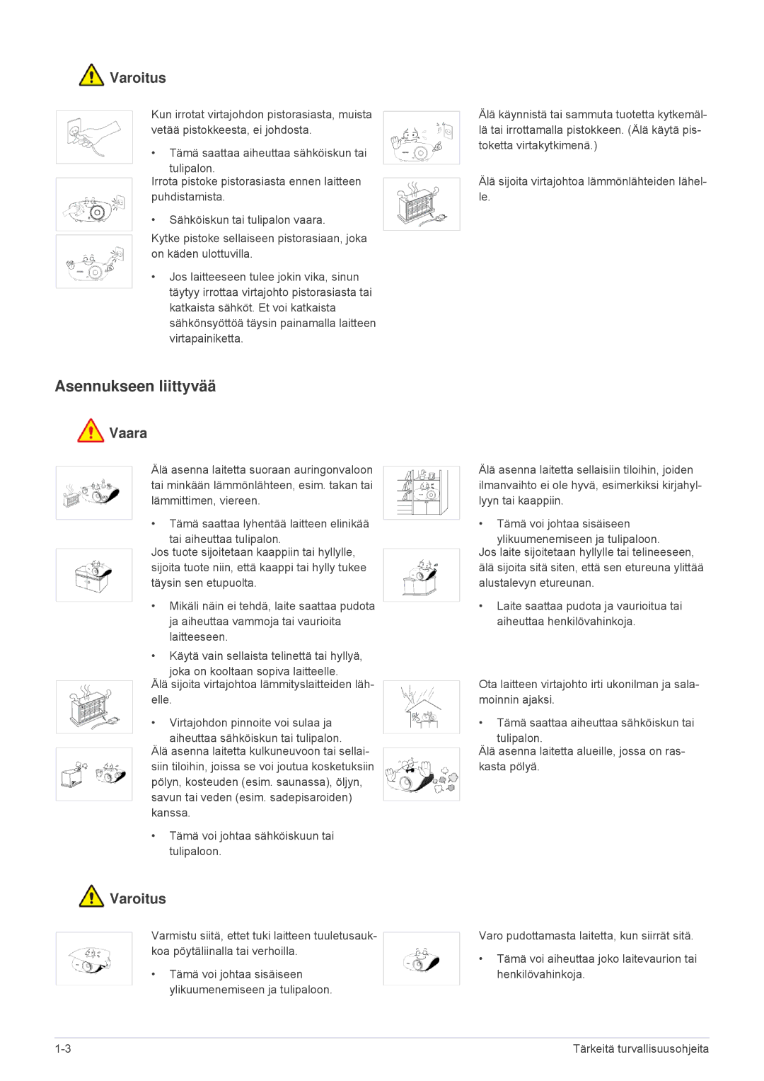 Samsung SPA600BX/EN manual Asennukseen liittyvää, Varoitus 