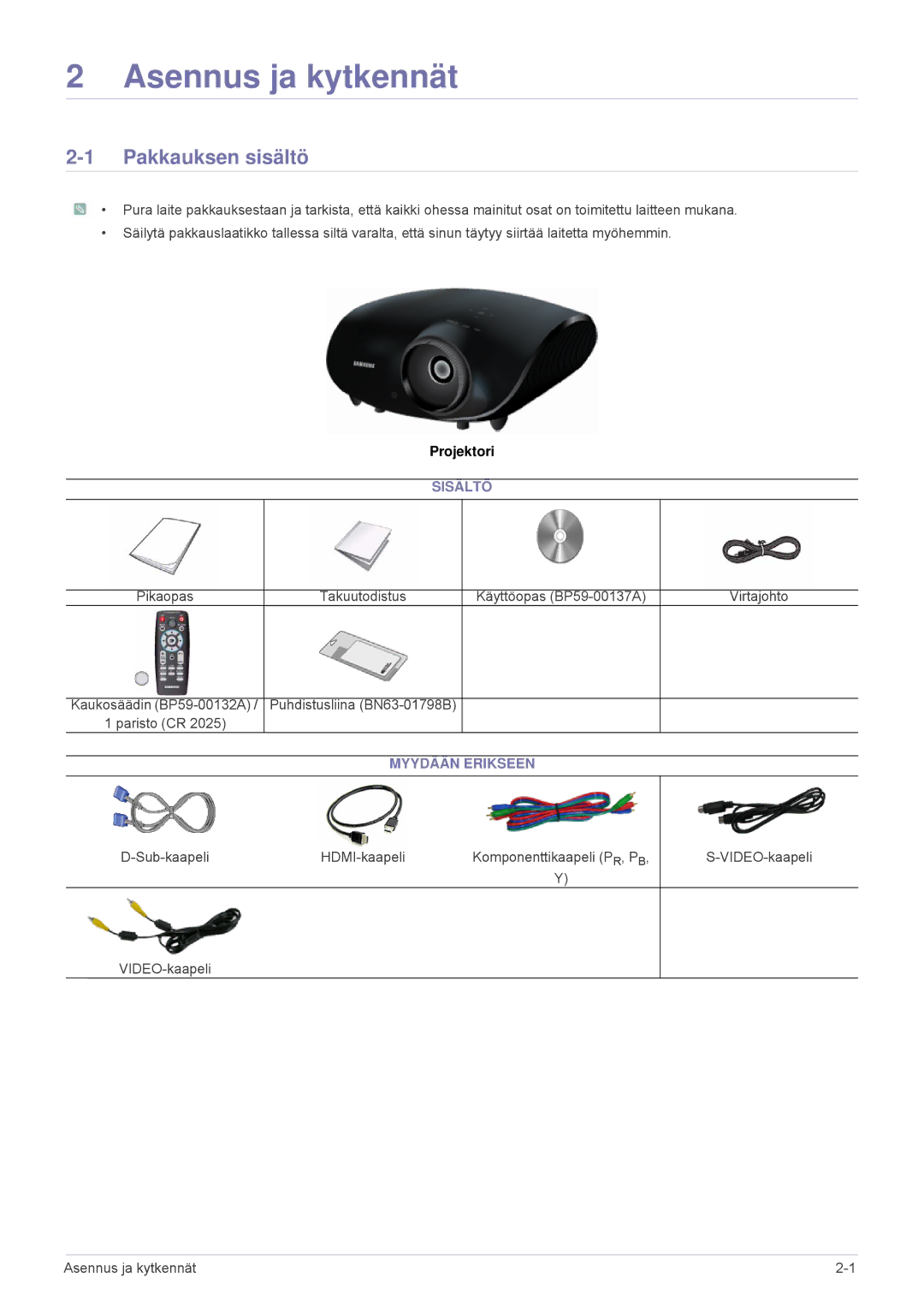 Samsung SPA600BX/EN manual Asennus ja kytkennät, Pakkauksen sisältö, Sisältö, Myydään Erikseen 