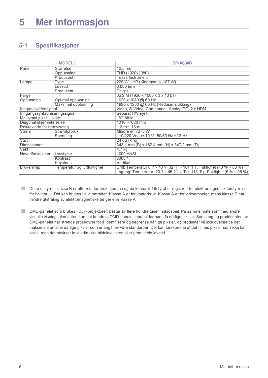 Samsung SPA600BX/EN manual Mer informasjon, Spesifikasjoner, Modell 