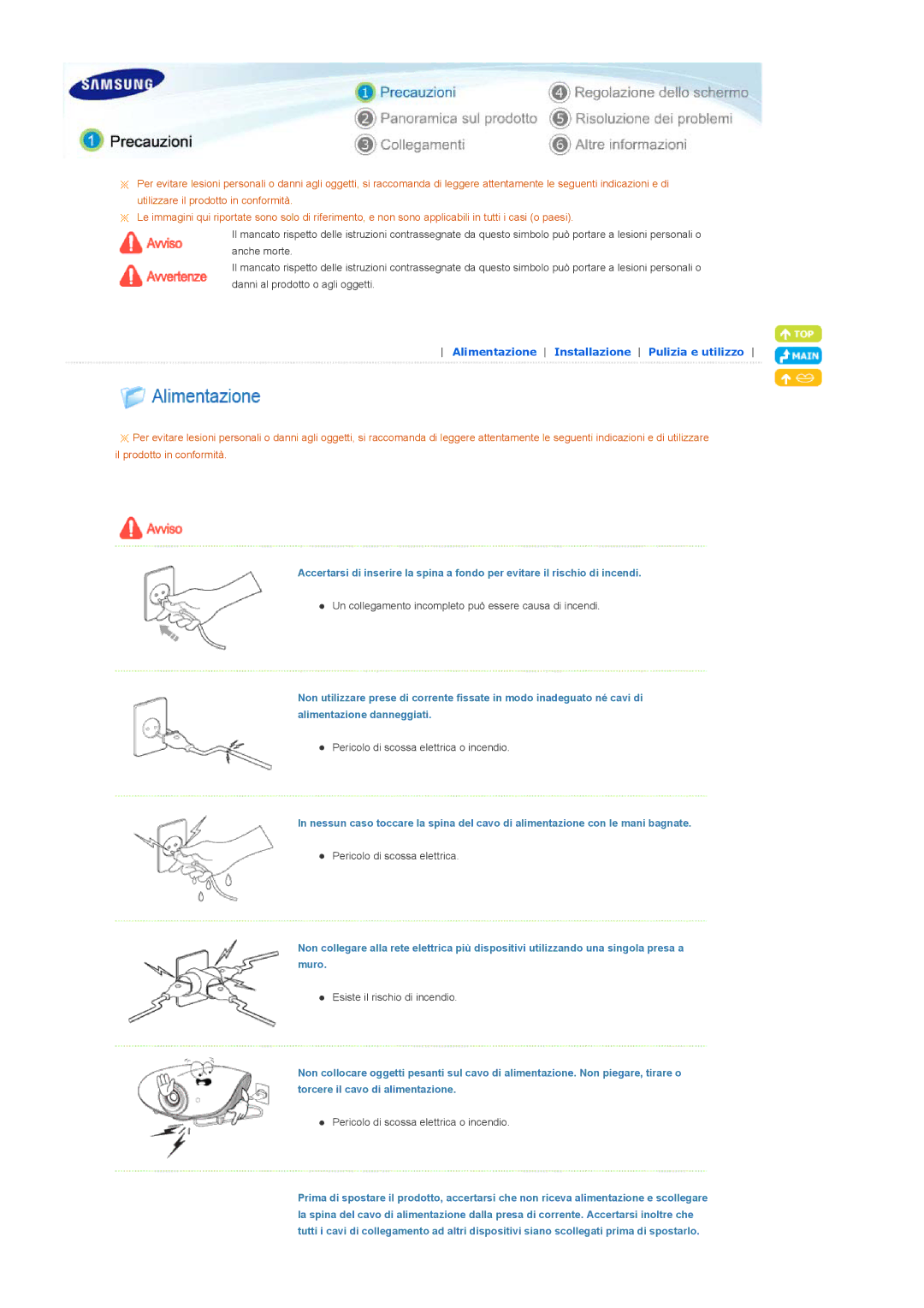 Samsung SPA800BX/EDC manual Alimentazione Installazione Pulizia e utilizzo 