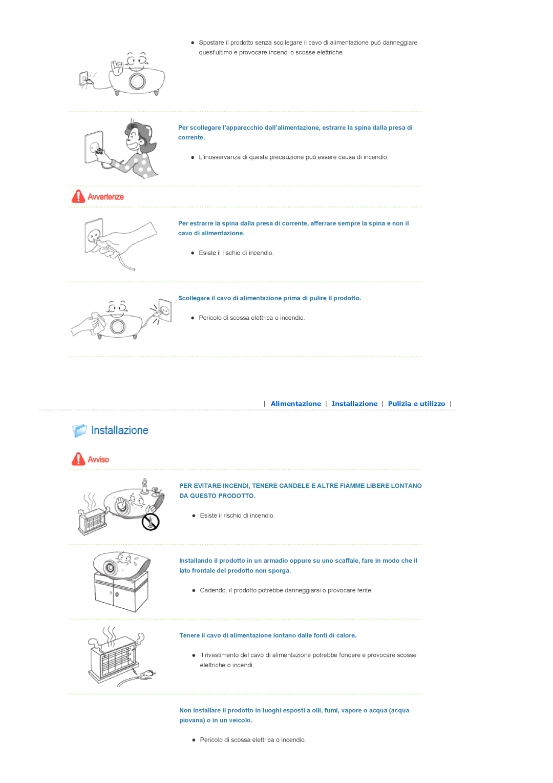 Samsung SPA800BX/EDC manual Alimentazione Installazione Pulizia e utilizzo 