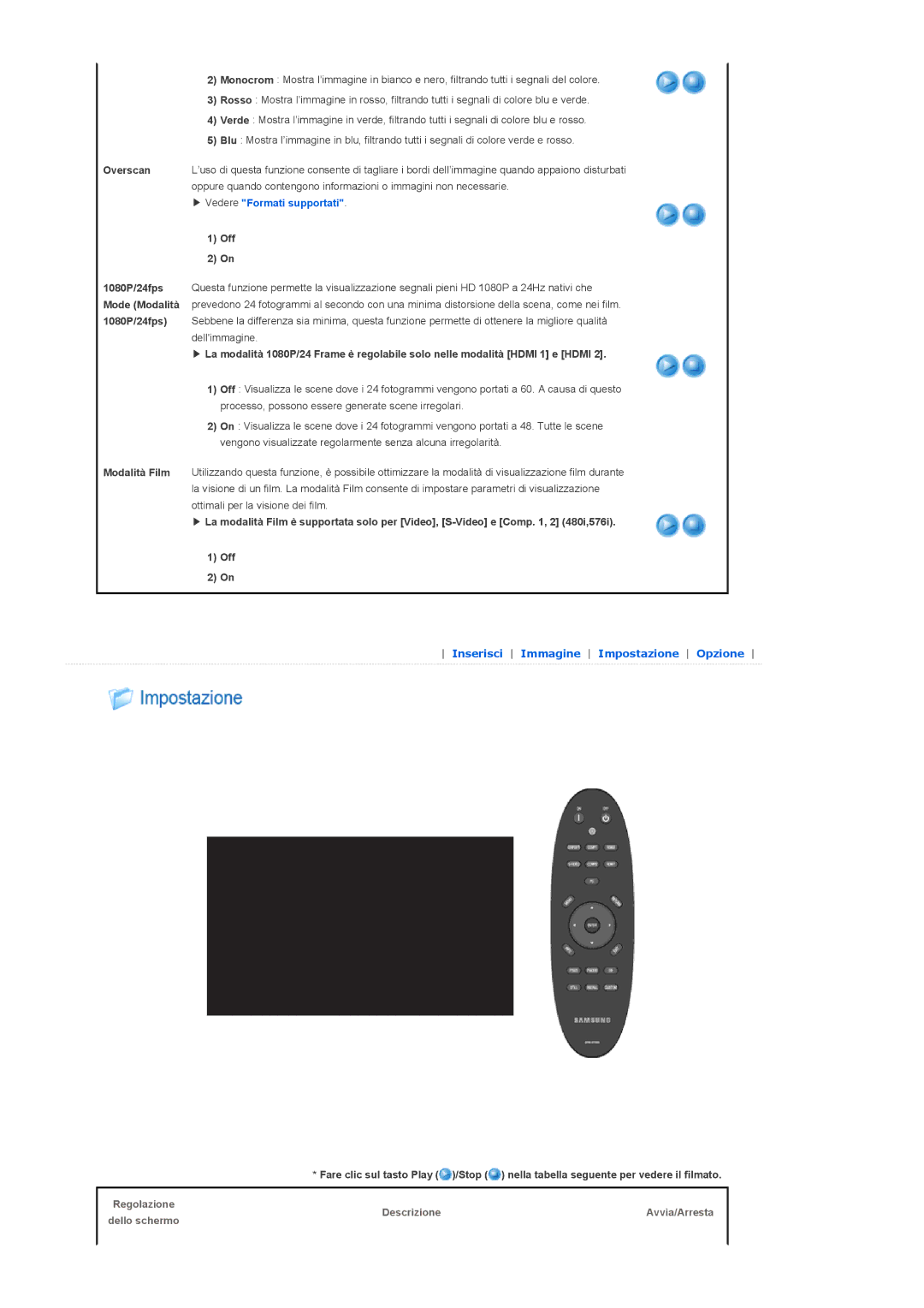 Samsung SPA800BX/EDC manual Overscan, Off, Descrizione Avvia/Arresta 