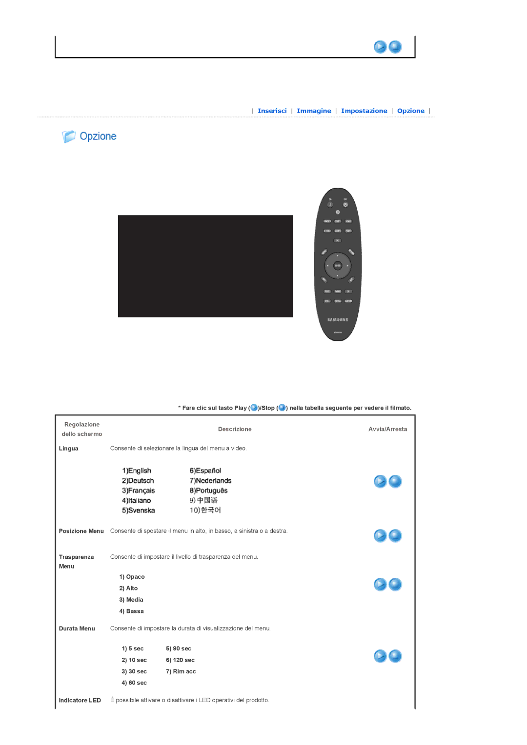 Samsung SPA800BX/EDC manual Lingua Consente di selezionare la lingua del menu a video, Menu Opaco Alto Media Bassa, 60 sec 