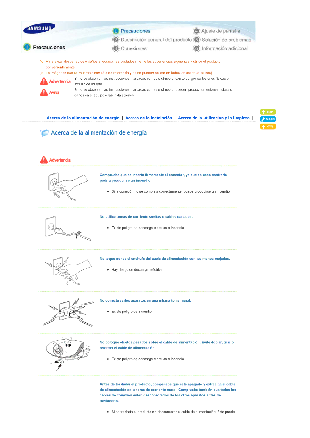 Samsung SPA800BX/EDC manual No utilice tomas de corriente sueltas o cables dañados 