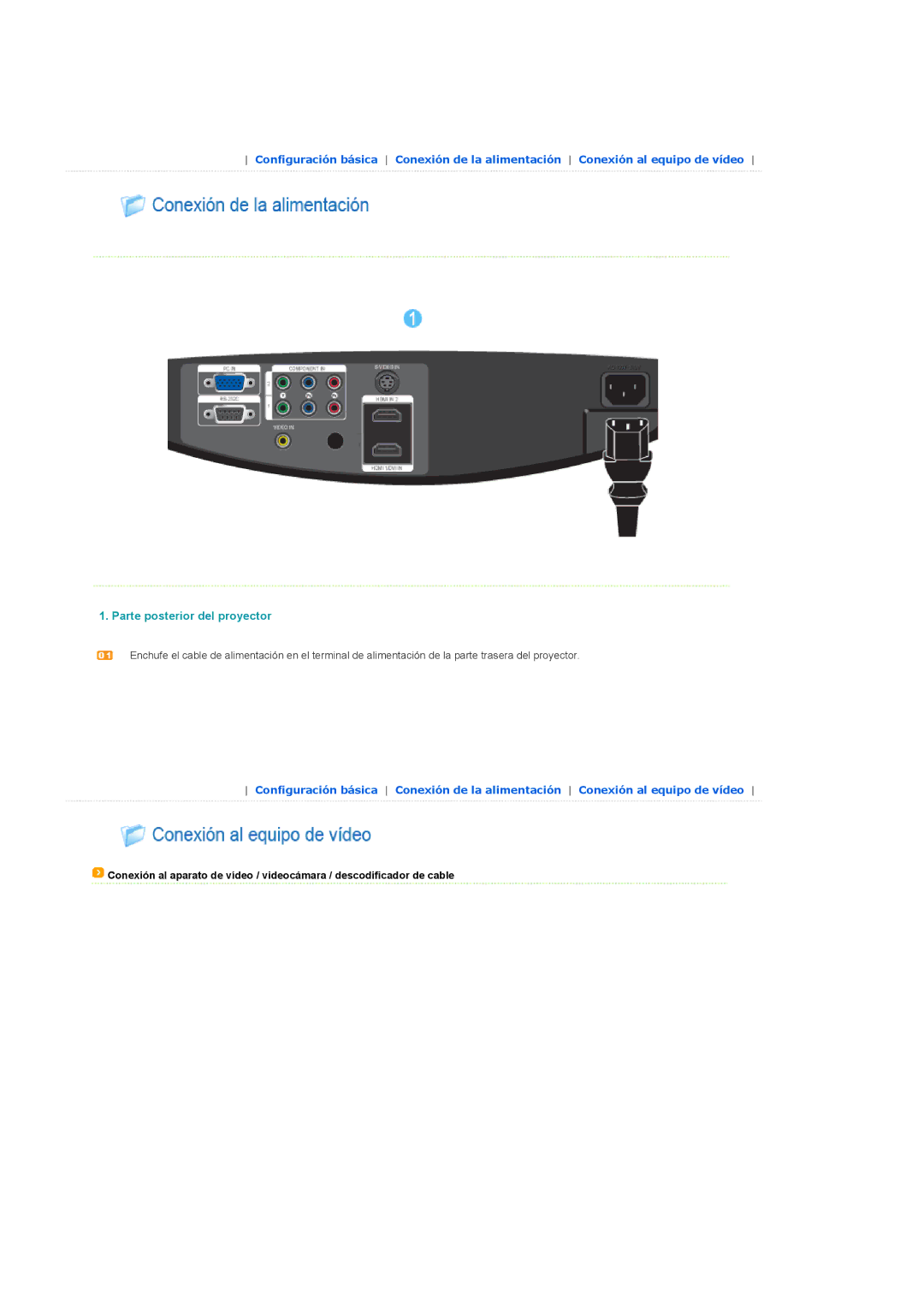 Samsung SPA800BX/EDC manual Parte posterior del proyector 