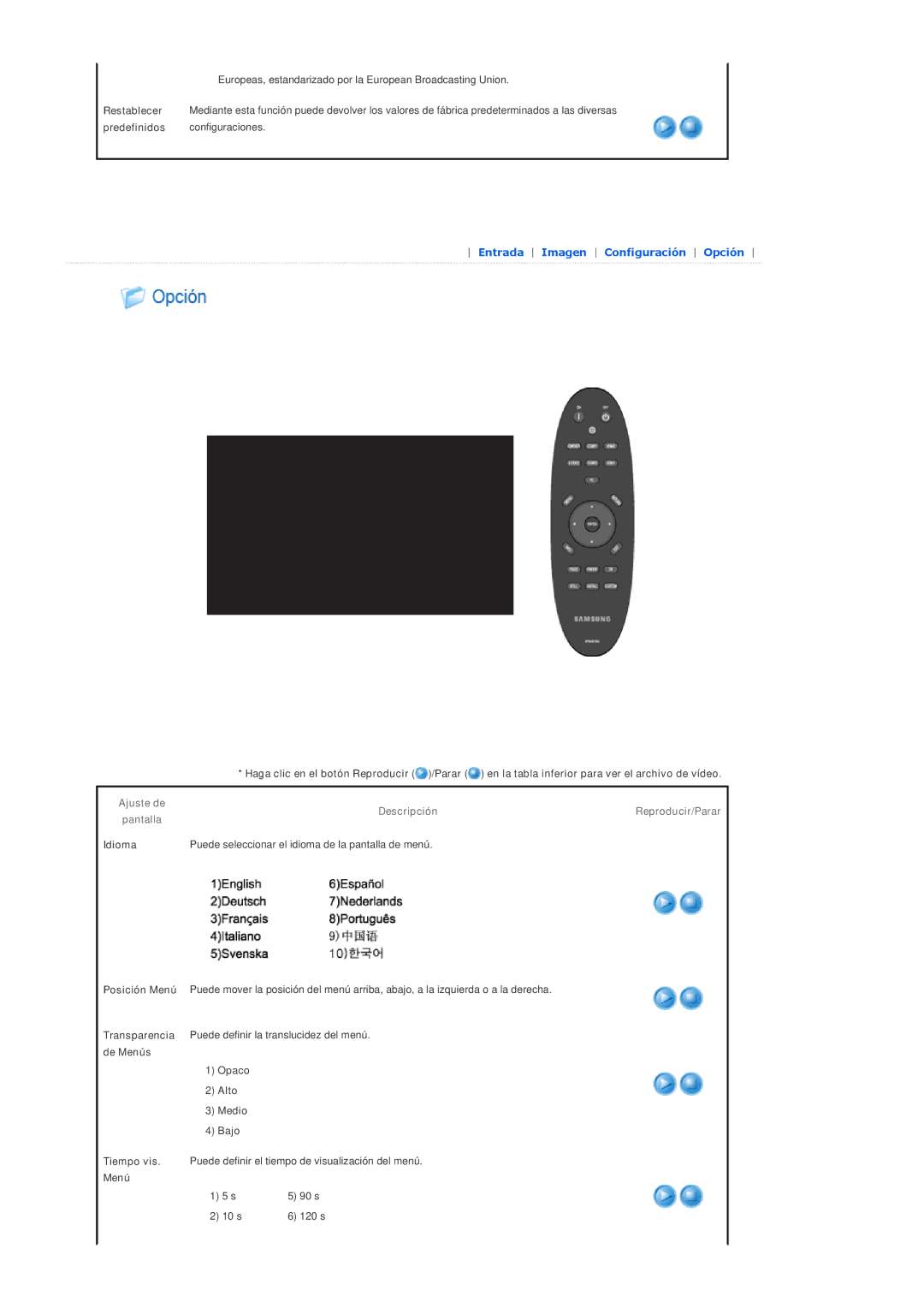 Samsung SPA800BX/EDC manual Ajuste de Pantalla DescripciónReproducir/Parar, Idioma, Menú 90 s 10 s 120 s 