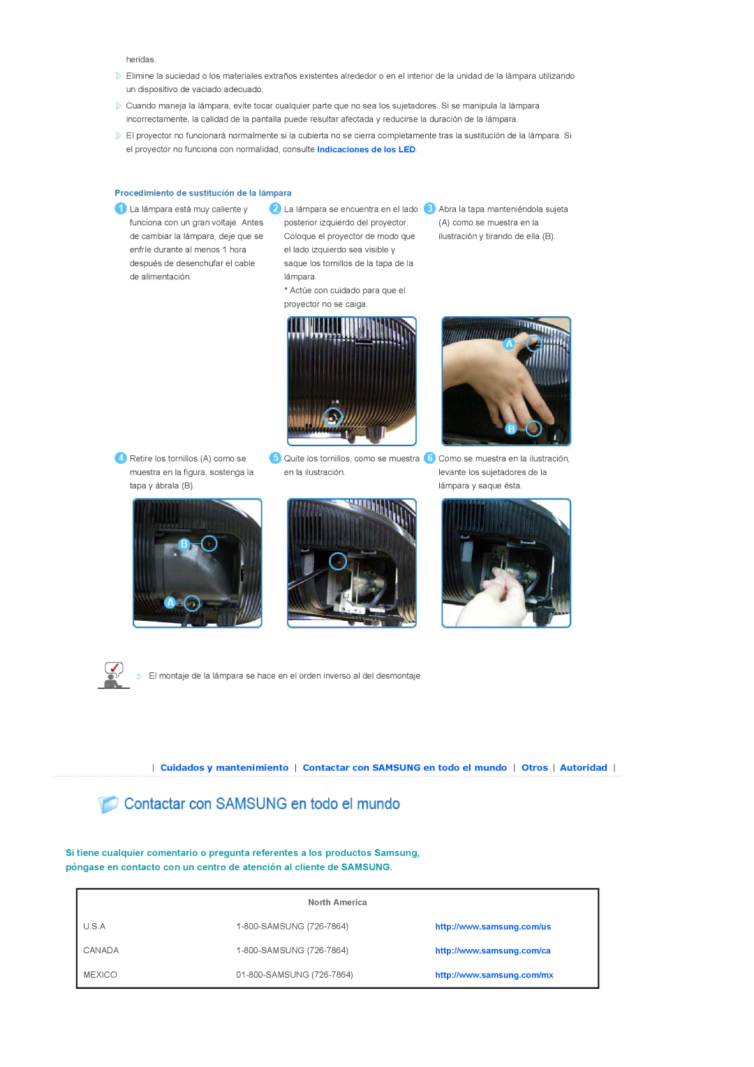 Samsung SPA800BX/EDC manual Procedimiento de sustitución de la lámpara, North America 