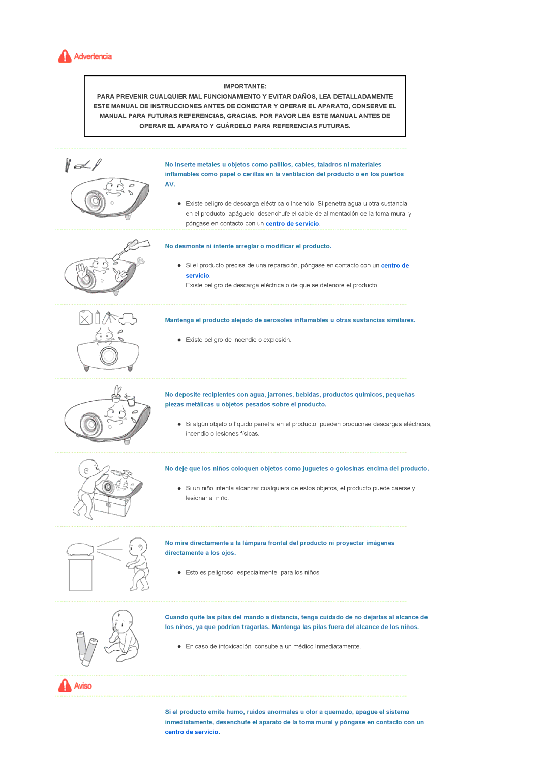 Samsung SPA800BX/EDC manual No desmonte ni intente arreglar o modificar el producto 