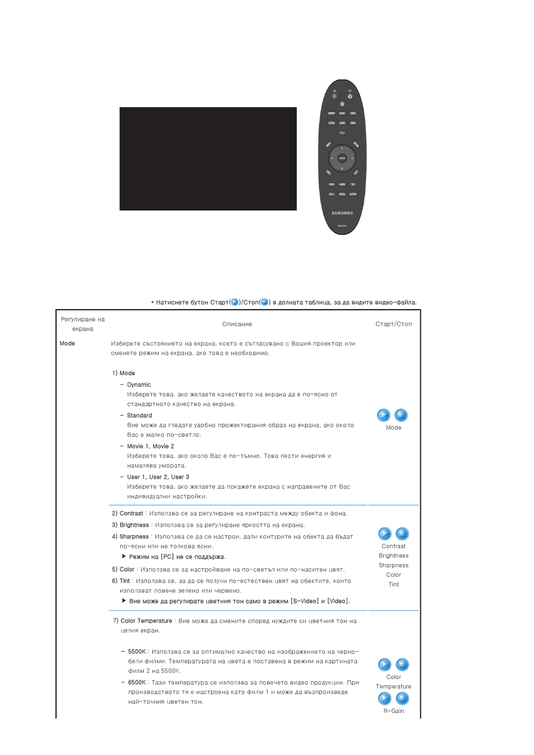 Samsung SPA800BX/EDC manual Регулиране на Описание Екрана, Standard, Movie 1, Movie, User 1, User 2, User 