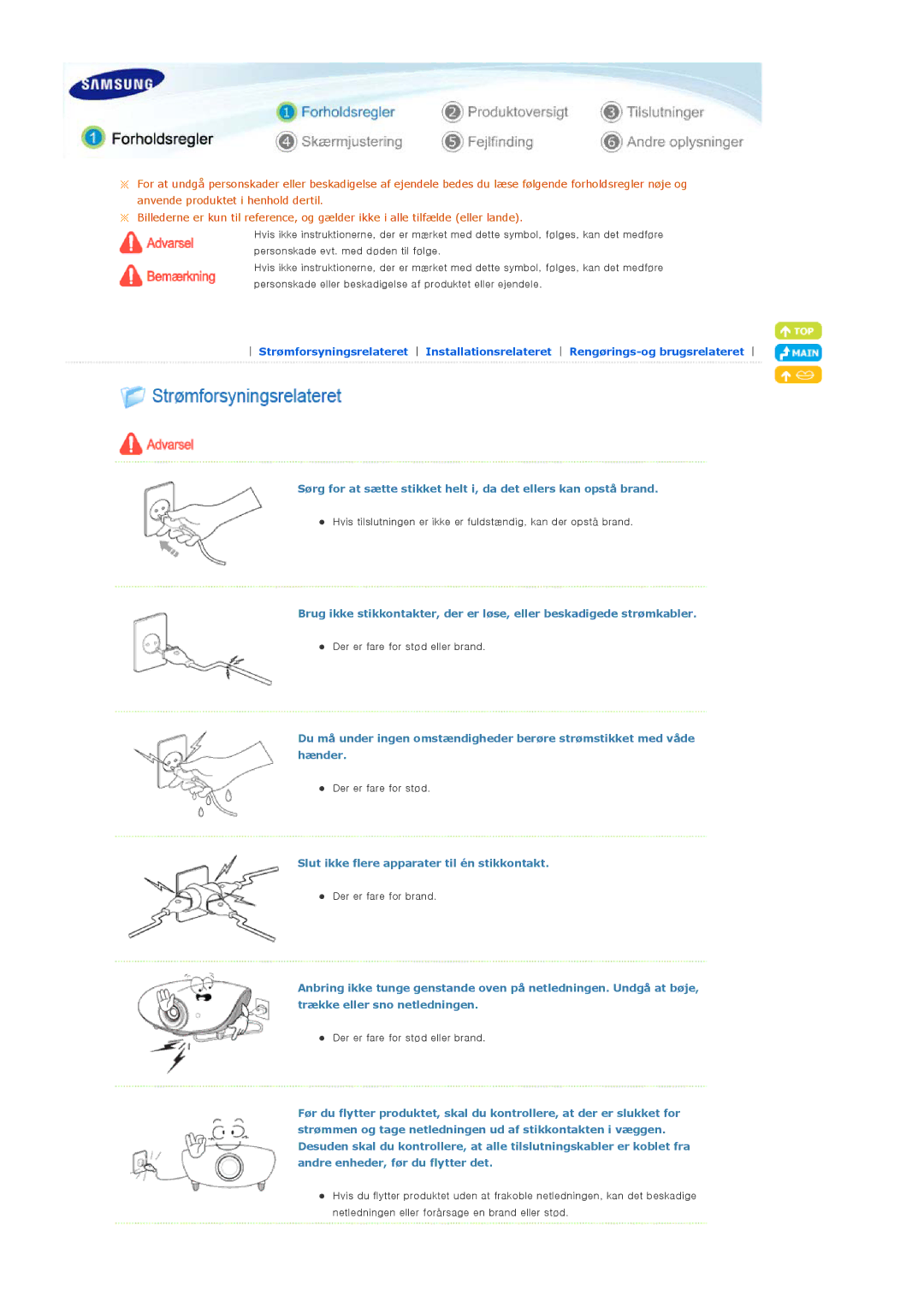 Samsung SPA800BX/EDC manual Slut ikke flere apparater til én stikkontakt 