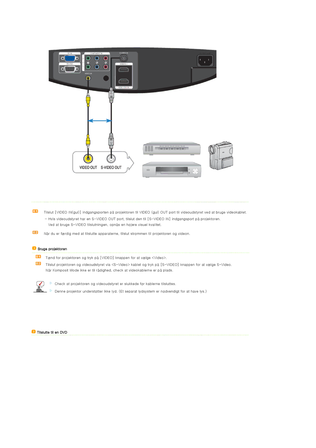 Samsung SPA800BX/EDC manual Bruge projektoren, Tilslutte til en DVD 