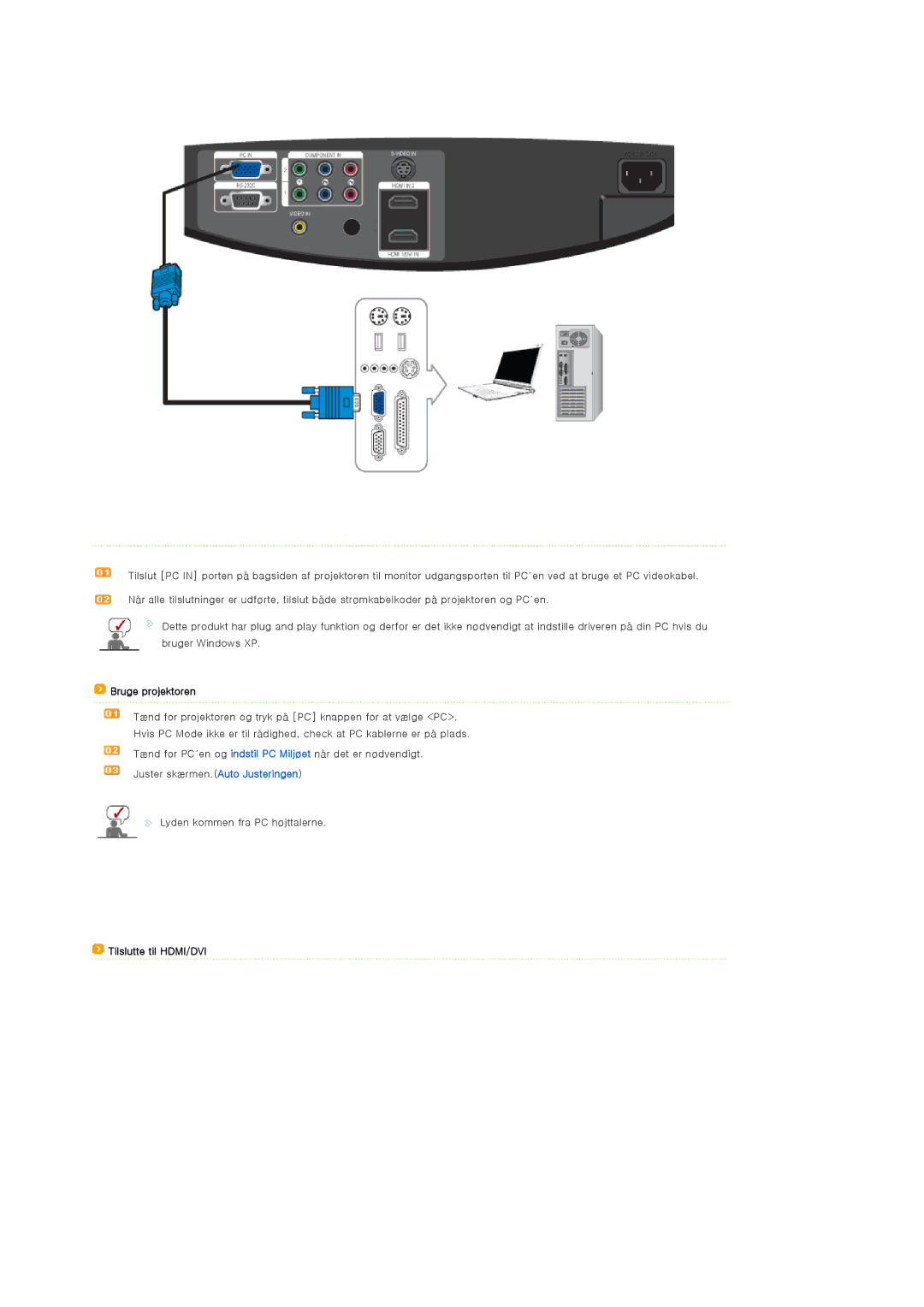 Samsung SPA800BX/EDC manual Tilslutte til HDMI/DVI 