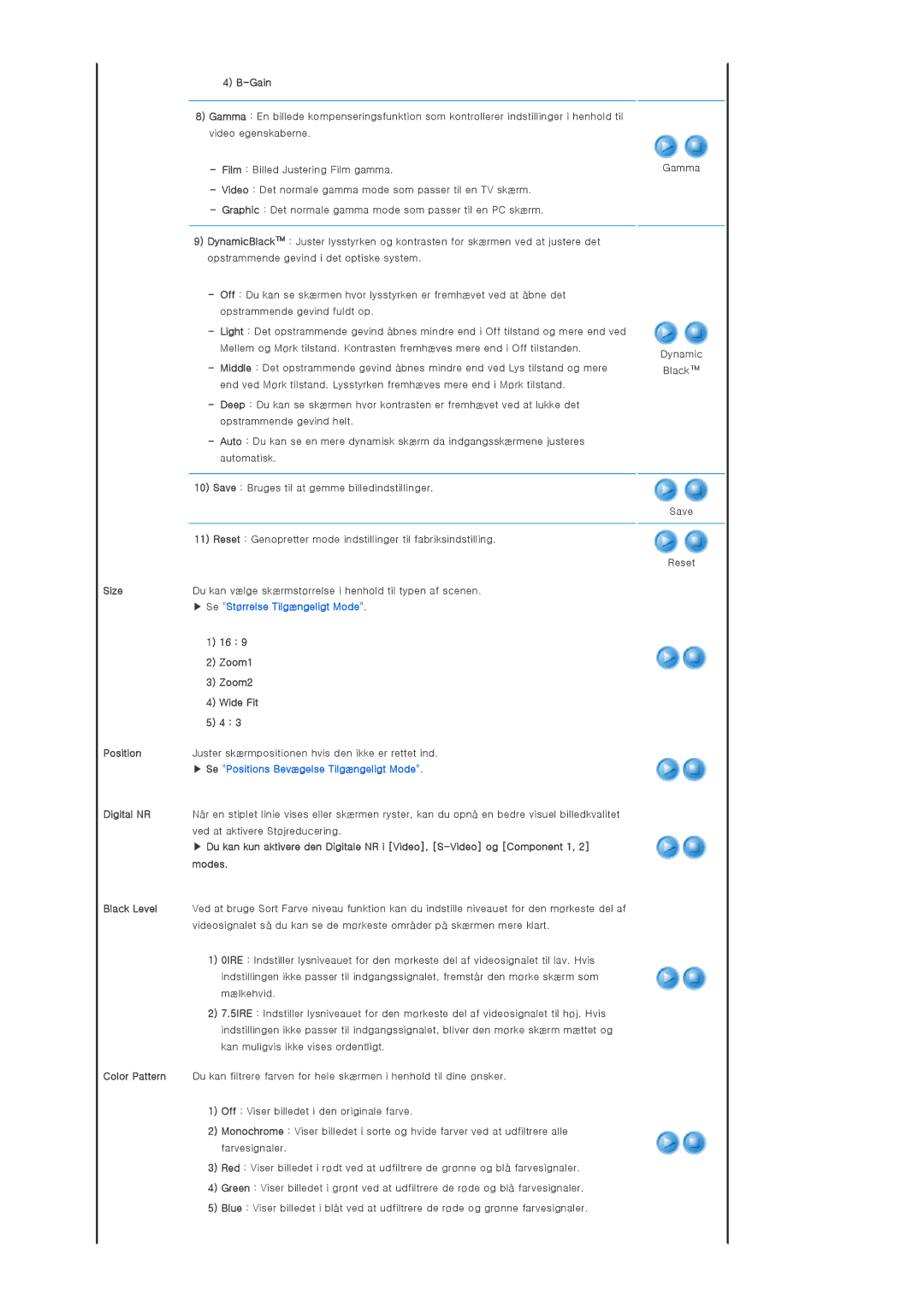 Samsung SPA800BX/EDC manual Zoom1, Zoom2, Wide Fit, Position Juster skærmpositionen hvis den ikke er rettet ind, Digital NR 