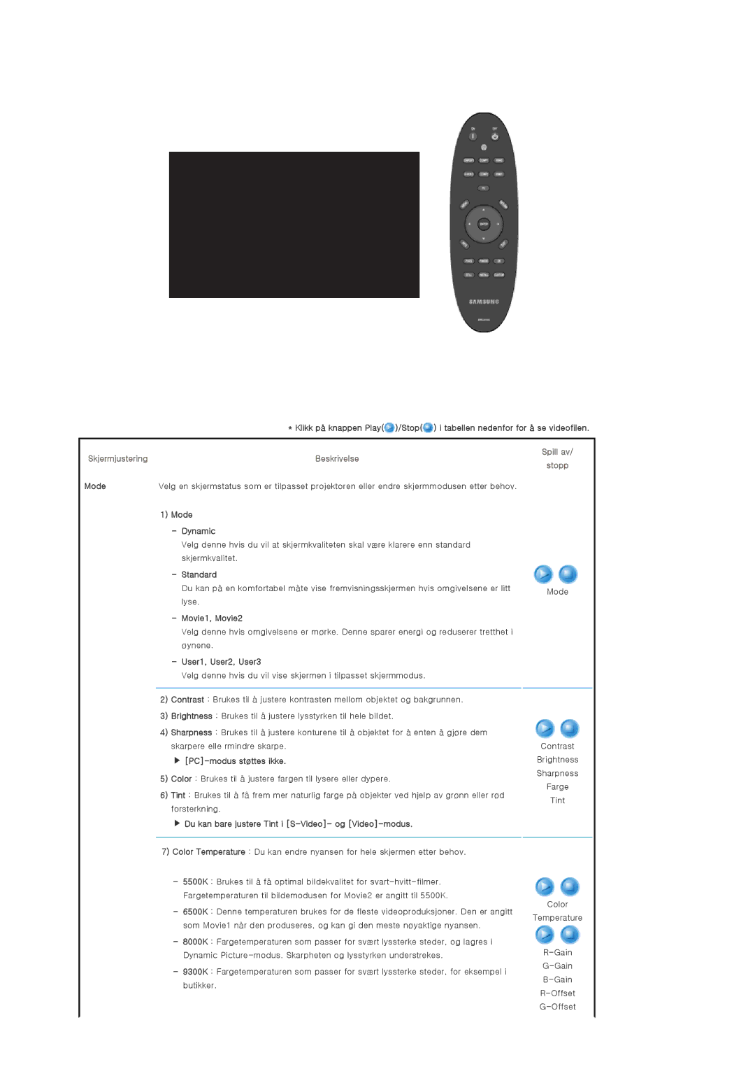 Samsung SPA800BX/EDC manual Skjermjustering, Spill av Stopp 