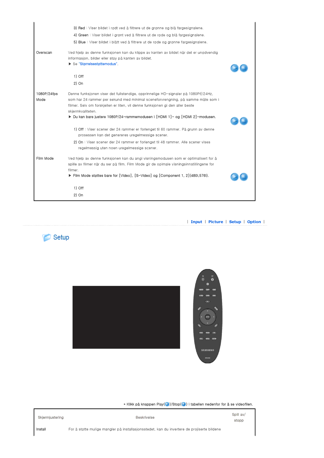 Samsung SPA800BX/EDC manual Off, Spill av SkjermjusteringBeskrivelse Stopp 