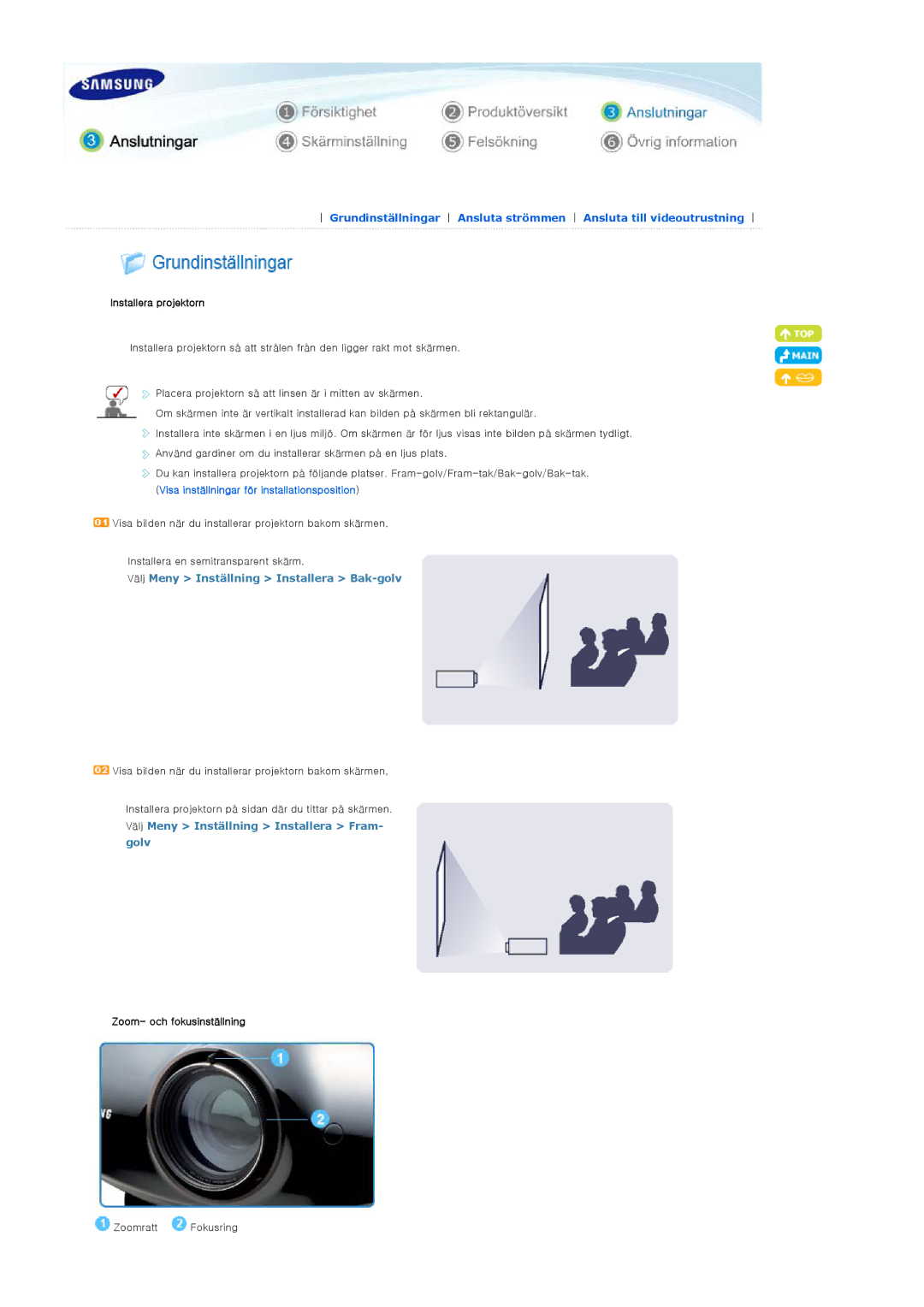 Samsung SPA800BX/EDC manual Installera projektorn, Välj Meny Inställning Installera Bak-golv, Zoom- och fokusinställning 