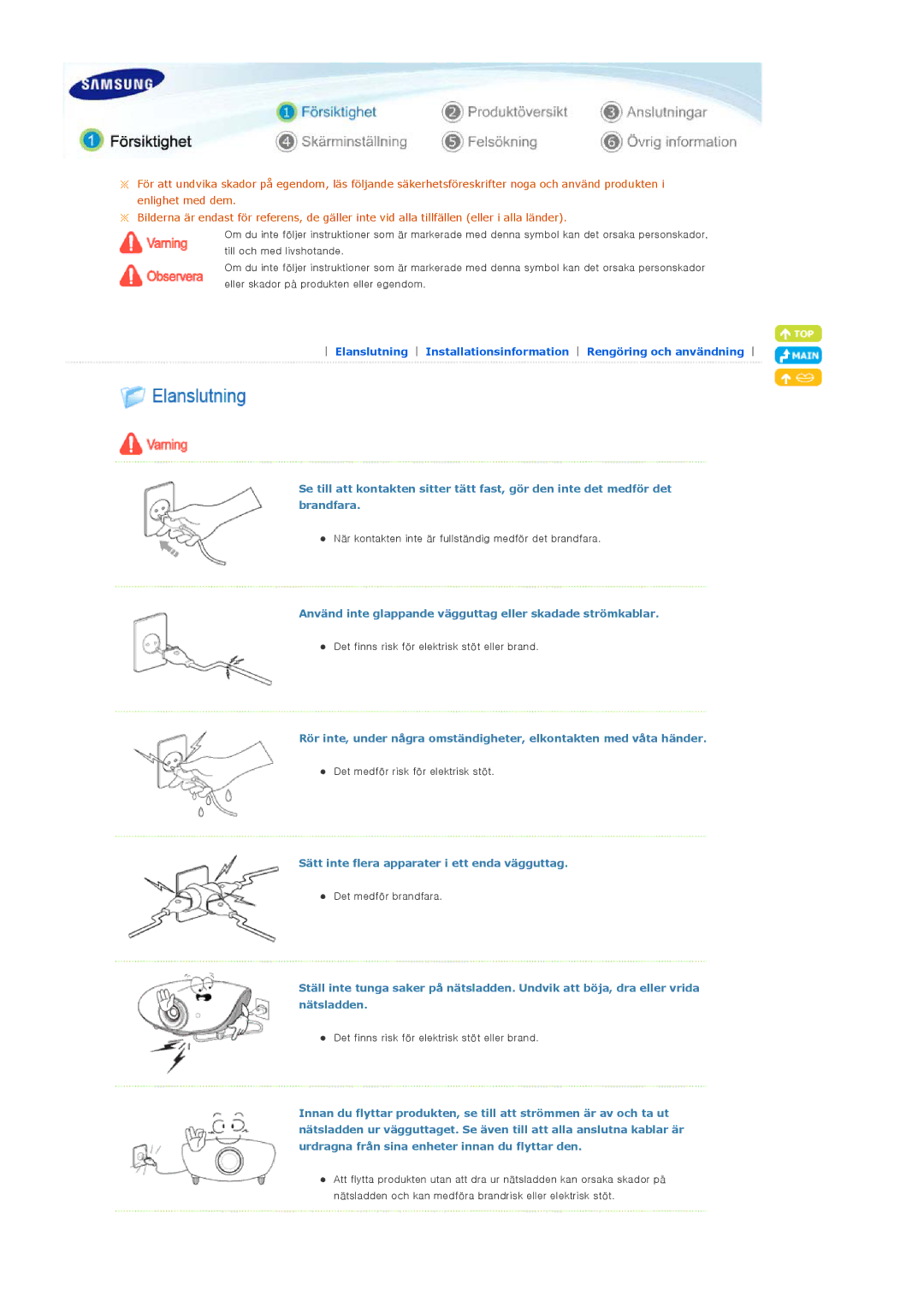 Samsung SPA800BX/EDC manual Använd inte glappande vägguttag eller skadade strömkablar 