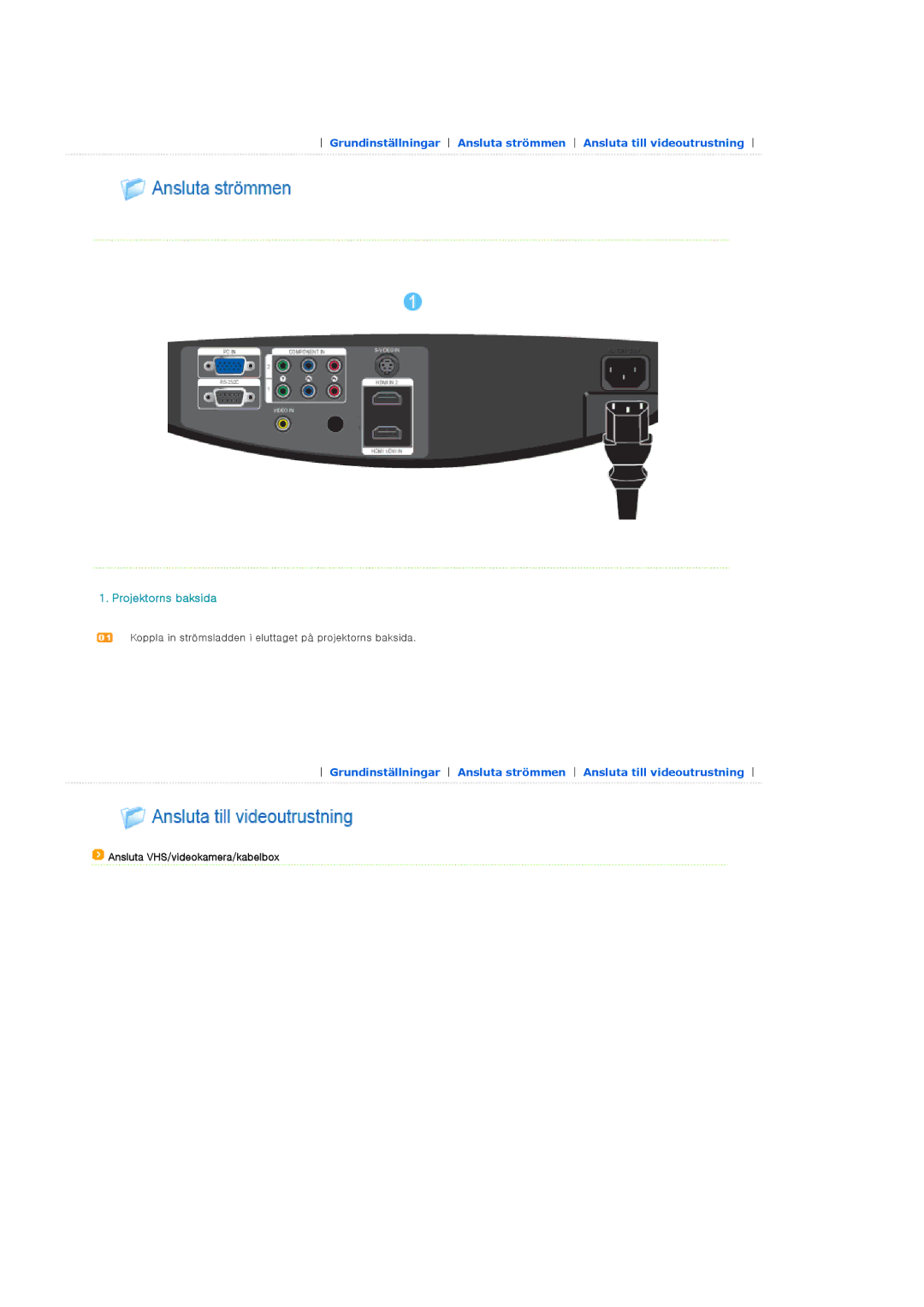 Samsung SPA800BX/EDC manual Projektorns baksida, Ansluta VHS/videokamera/kabelbox 