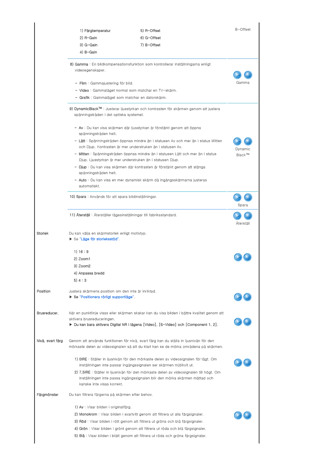 Samsung SPA800BX/EDC manual Färgtemperatur Offset Gain, Storlek Du kan välja en skärmstorlek enligt motivtyp, Zoom1, Zoom2 