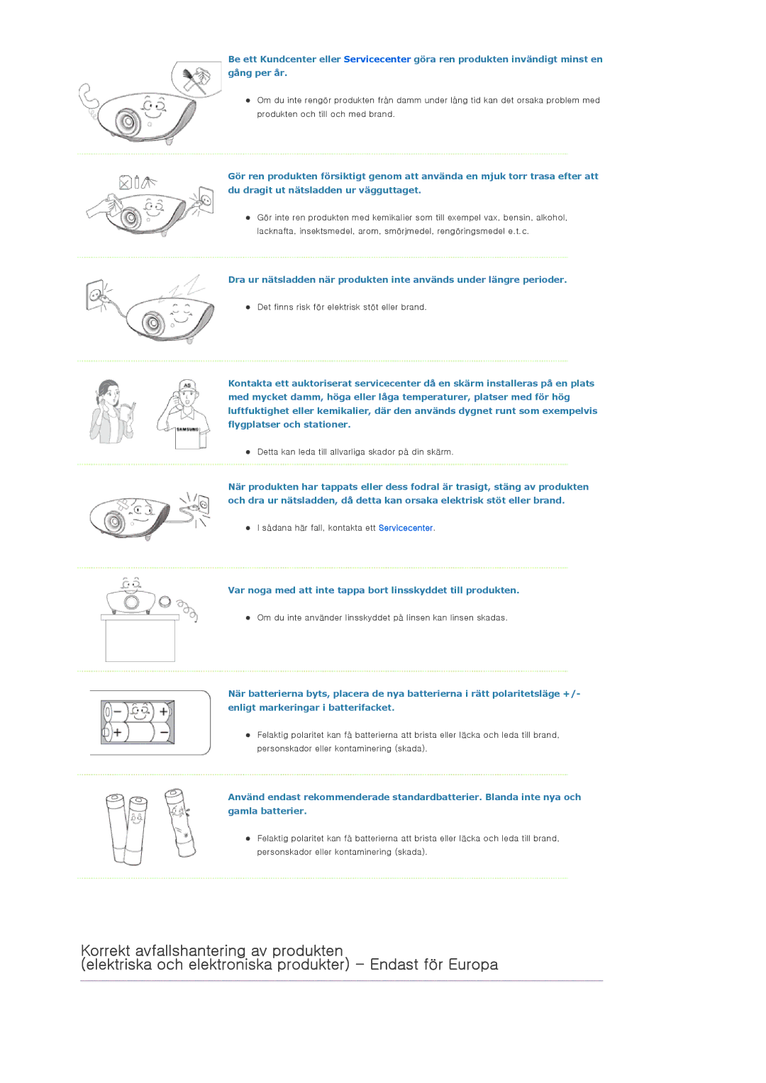 Samsung SPA800BX/EDC manual Var noga med att inte tappa bort linsskyddet till produkten 