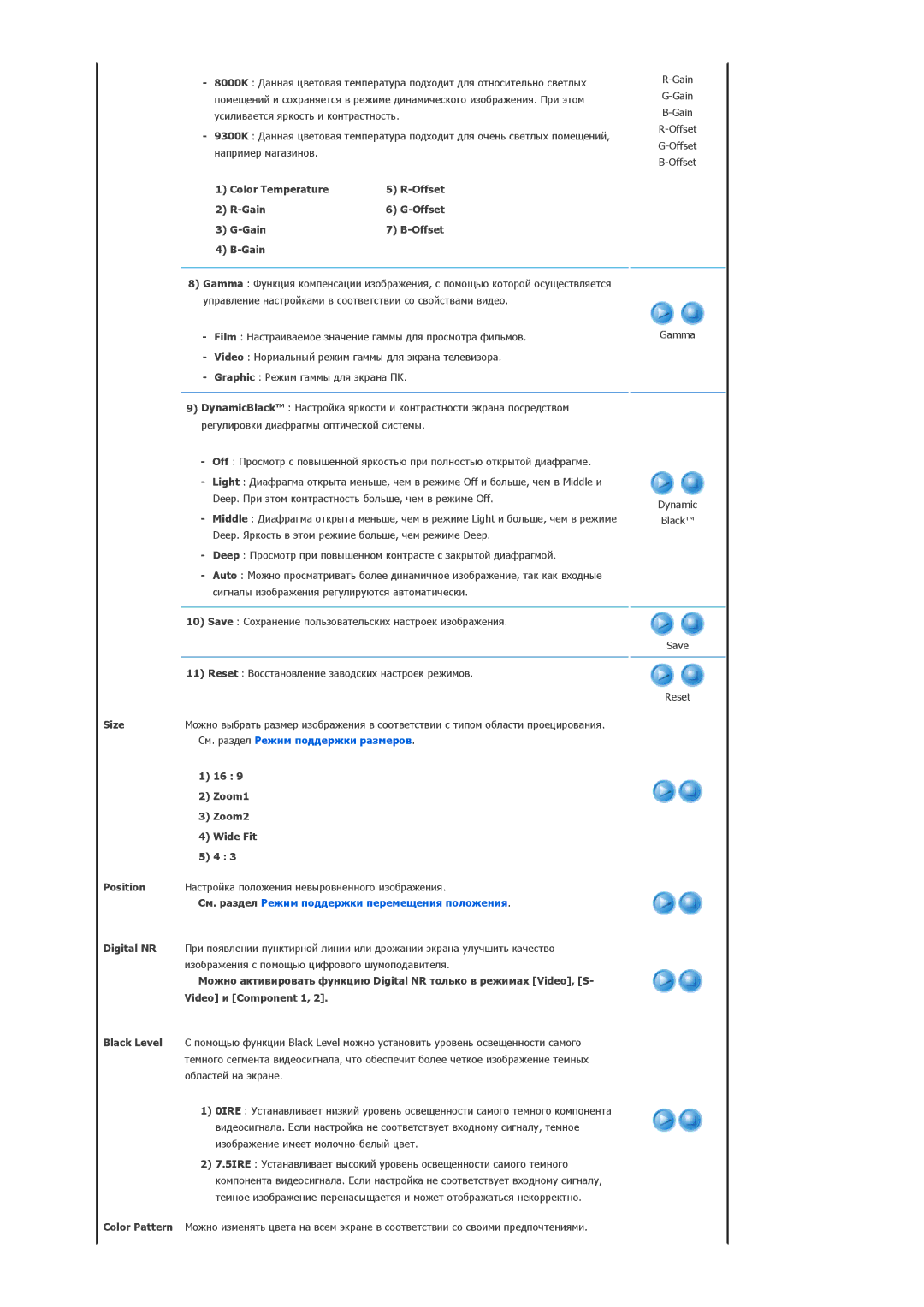 Samsung SPA800BX/EDC manual Color Temperature, Gain, Size, Zoom1, Zoom2, Wide Fit 