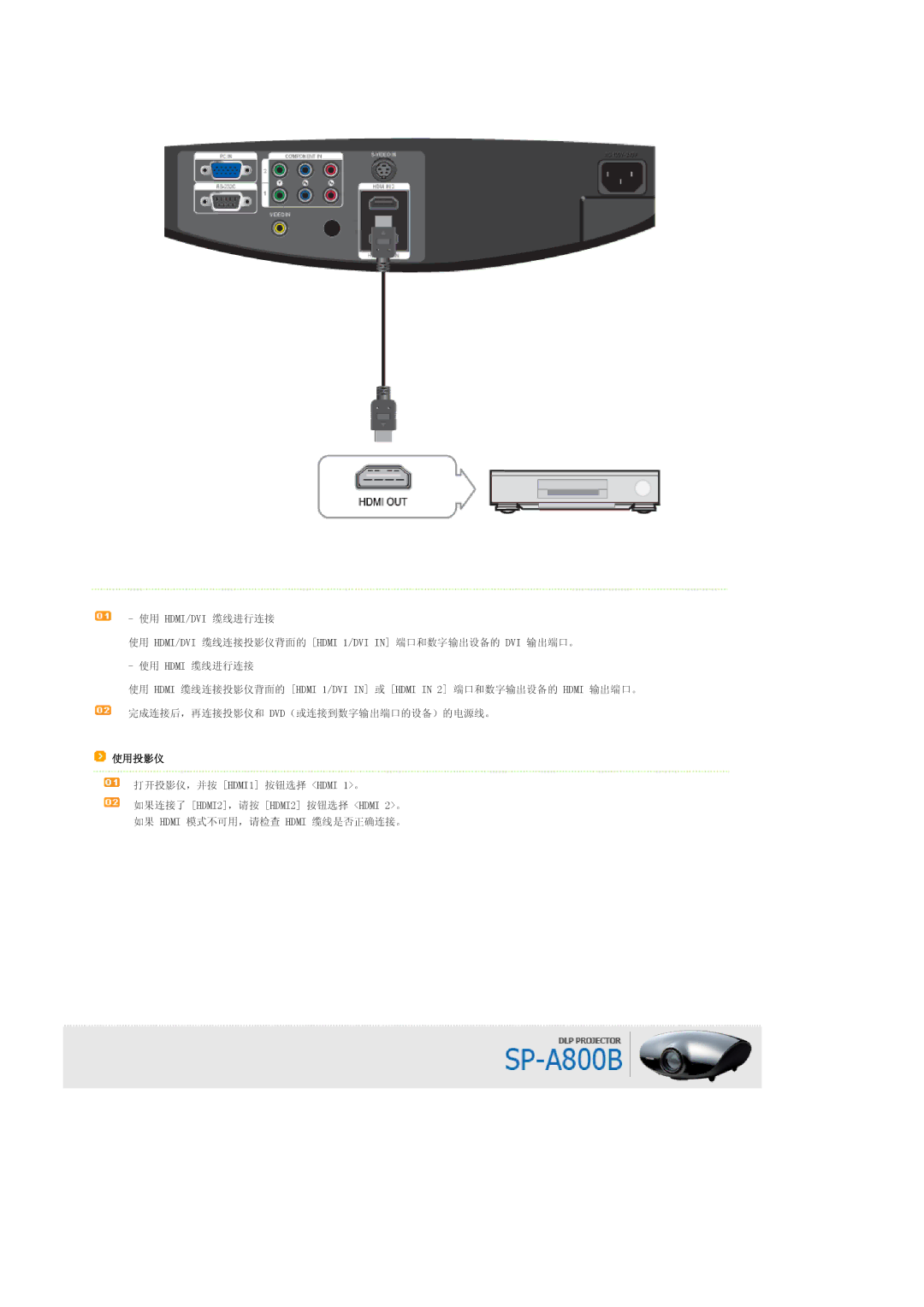 Samsung SPA800BX/EDC manual 打开投影仪，并按 HDMI1 按钮选择 Hdmi 1。 