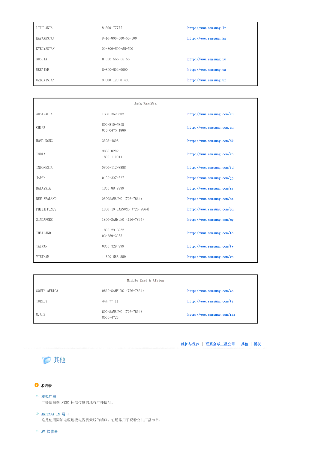 Samsung SPA800BX/EDC manual 术语表, 模拟广播, Antenna in 端口, Av 接收器 