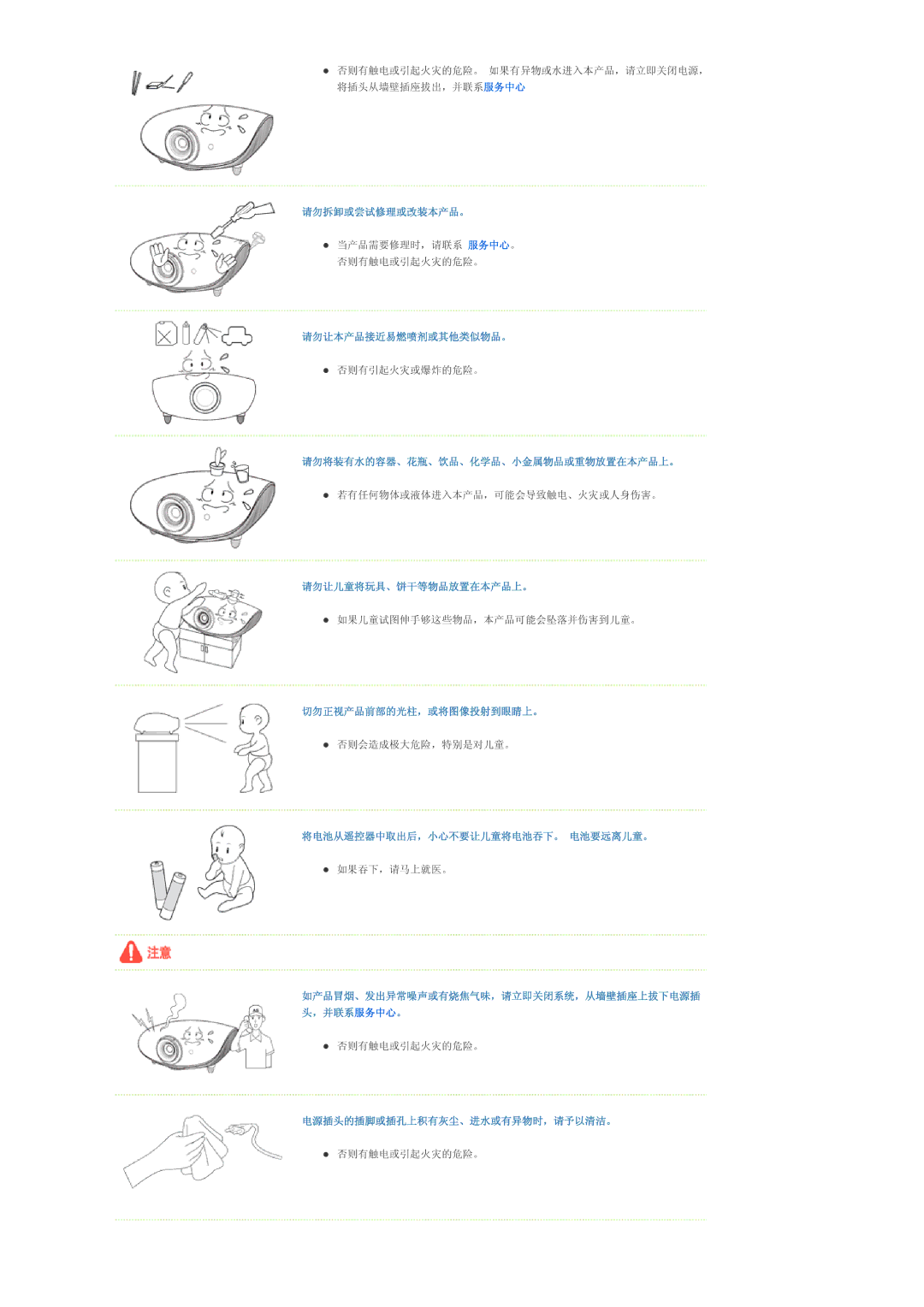 Samsung SPA800BX/EDC 请勿拆卸或尝试修理或改装本产品。, 请勿让本产品接近易燃喷剂或其他类似物品。, 请勿将装有水的容器、花瓶、饮品、化学品、小金属物品或重物放置在本产品上。, 请勿让儿童将玩具、饼干等物品放置在本产品上。 