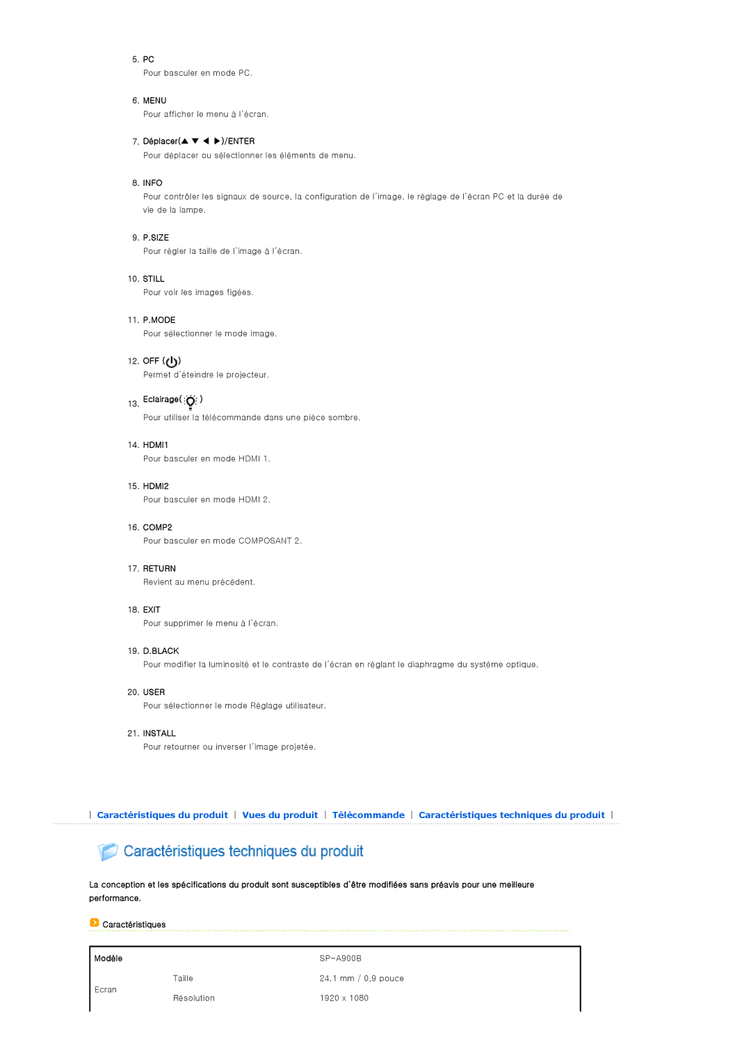 Samsung SPA900BX/EN manual Déplacer /ENTER, 11. P.MODE, Off, Eclairage, HDMI1, HDMI2, COMP2, Exit, User 