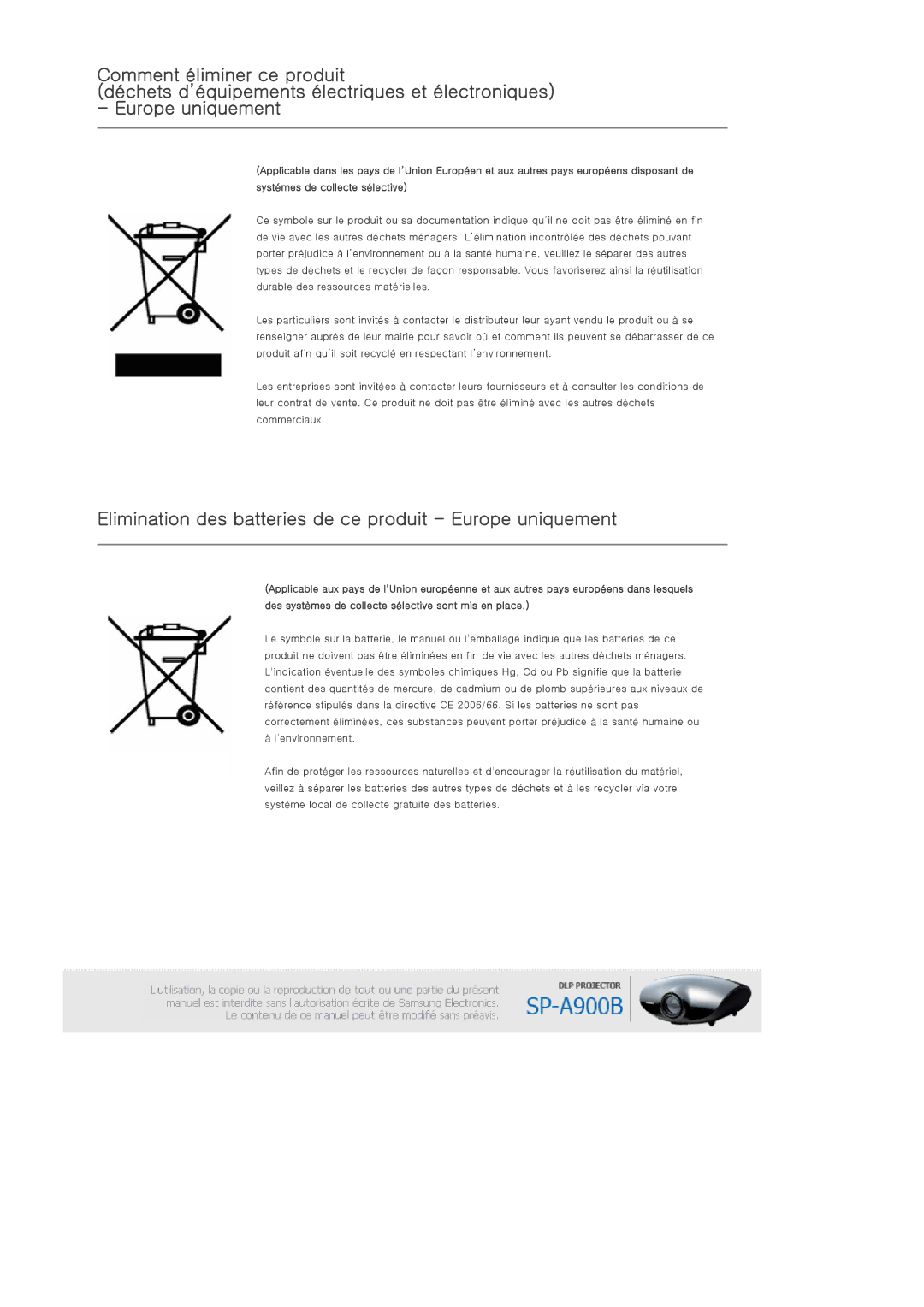 Samsung SPA900BX/EN manual Elimination des batteries de ce produit Europe uniquement 