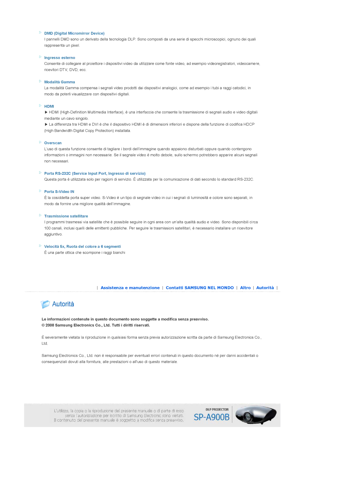 Samsung SPA900BX/EN manual DMD Digital Micromirror Device, Ingresso esterno, Modalità Gamma, Overscan, Porta S-Video 