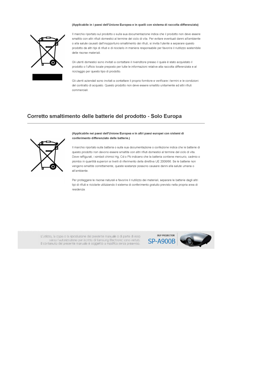 Samsung SPA900BX/EN manual Corretto smaltimento delle batterie del prodotto Solo Europa 