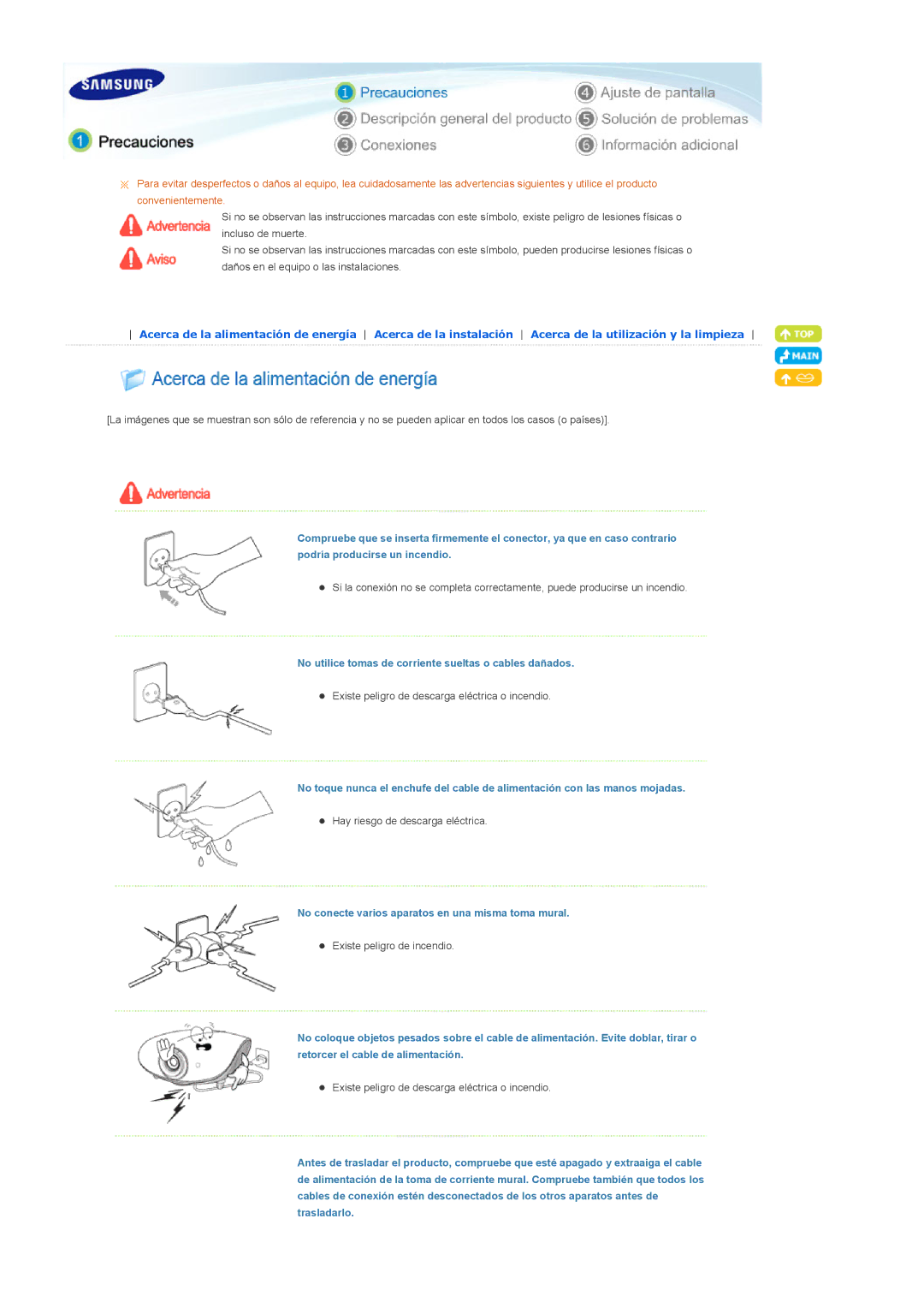 Samsung SPA900BX/EN manual No utilice tomas de corriente sueltas o cables dañados 