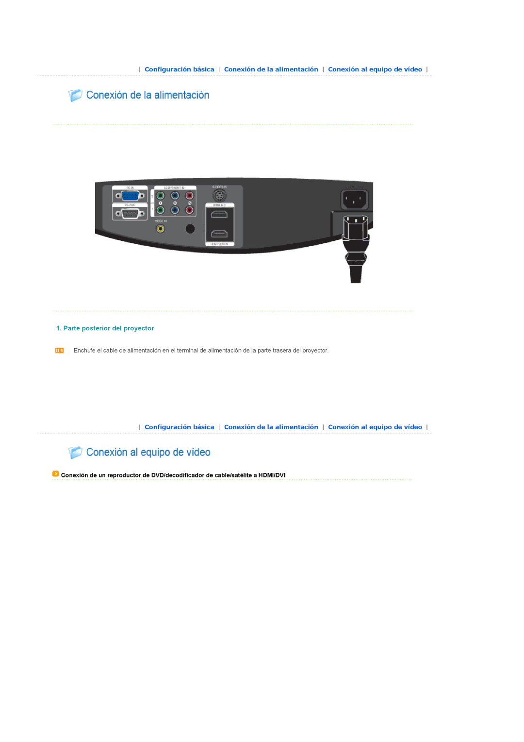 Samsung SPA900BX/EN manual Parte posterior del proyector 