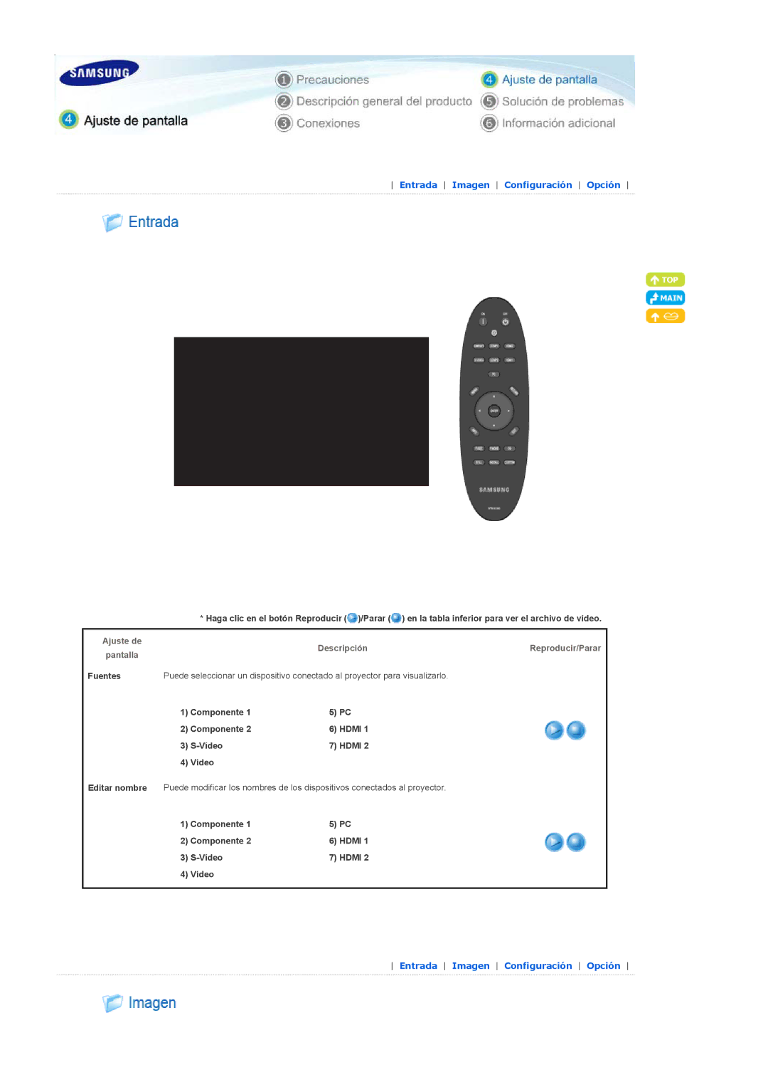 Samsung SPA900BX/EN manual Entrada Imagen Configuración Opción, Descripción 