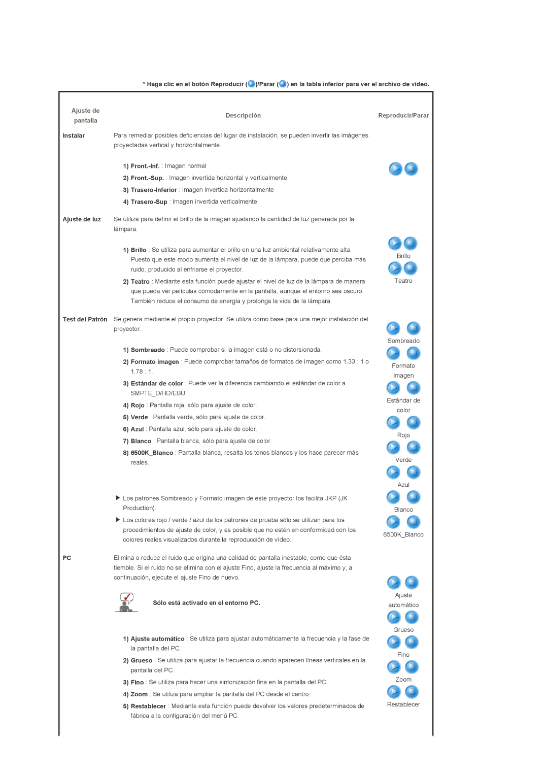 Samsung SPA900BX/EN manual Instalar, Ajuste de luz, Sólo está activado en el entorno PC 