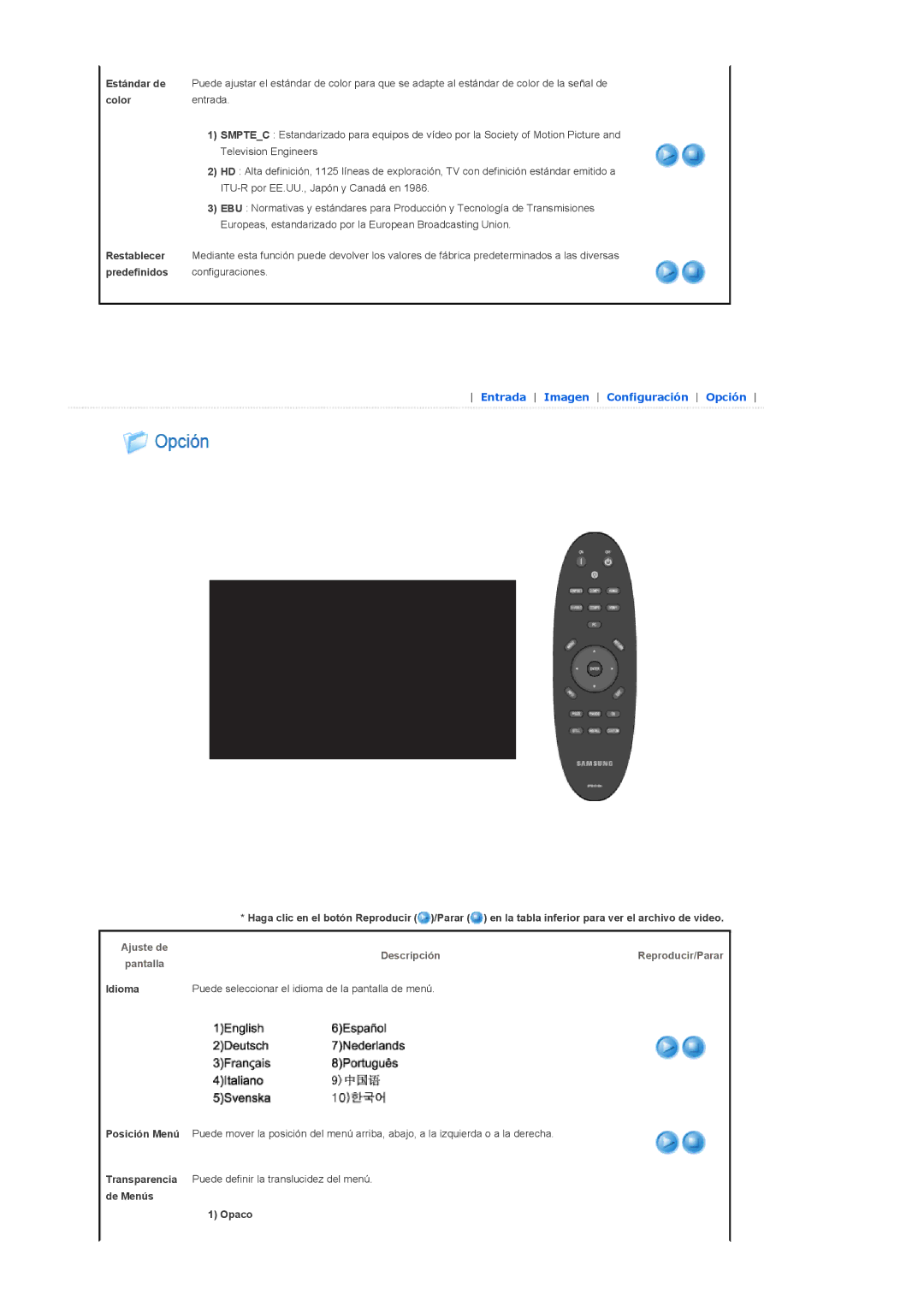 Samsung SPA900BX/EN manual Ajuste de Pantalla DescripciónReproducir/Parar, Idioma 