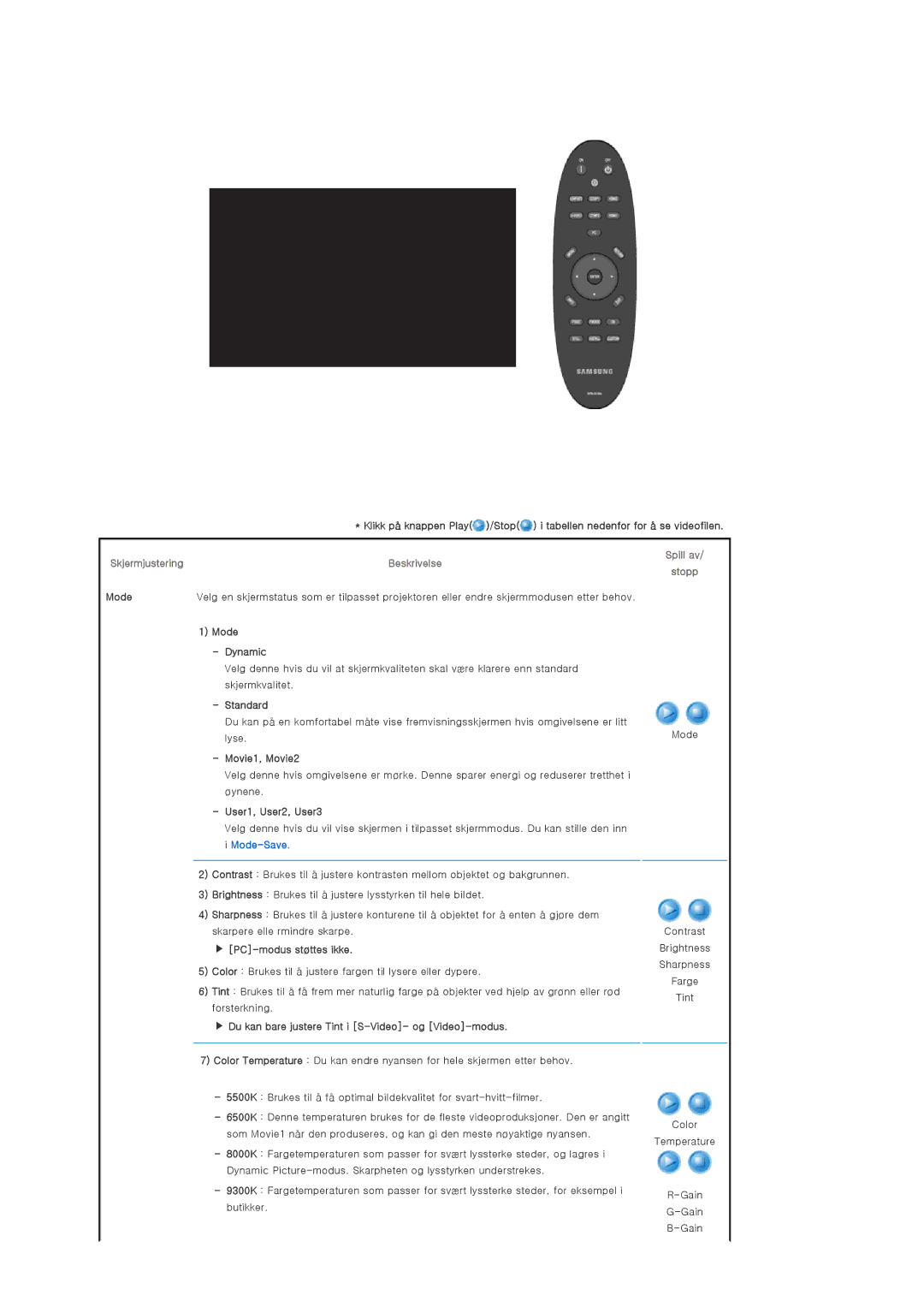 Samsung SPA900BX/EN manual Skjermjustering, Spill av Stopp 