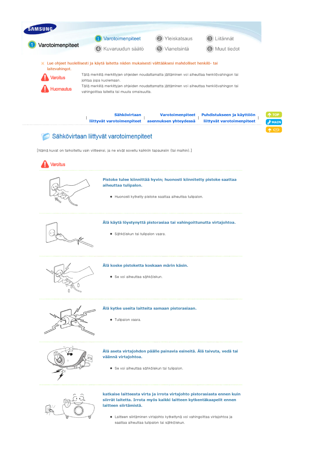 Samsung SPA900BX/EN manual Älä koske pistoketta koskaan märin käsin, Älä kytke useita laitteita samaan pistorasiaan 