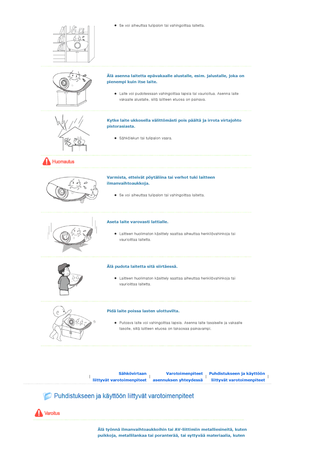 Samsung SPA900BX/EN manual Aseta laite varovasti lattialle, Älä pudota laitetta sitä siirtäessä 