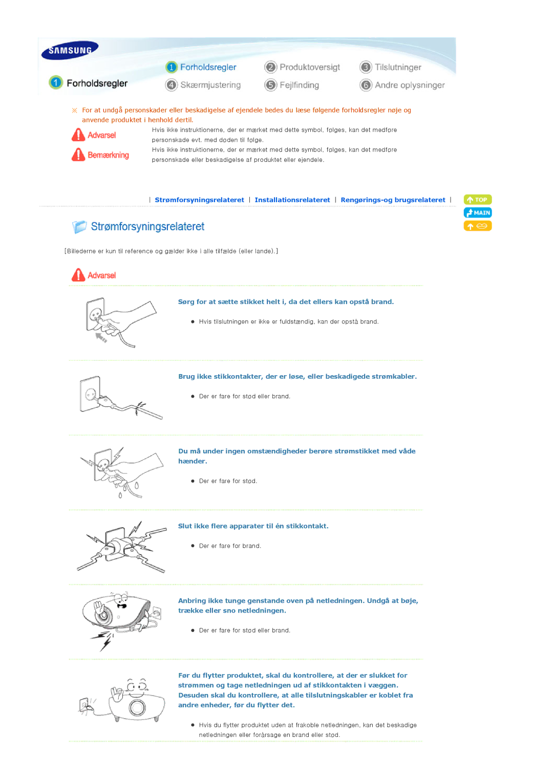 Samsung SPA900BX/EN manual Slut ikke flere apparater til én stikkontakt 