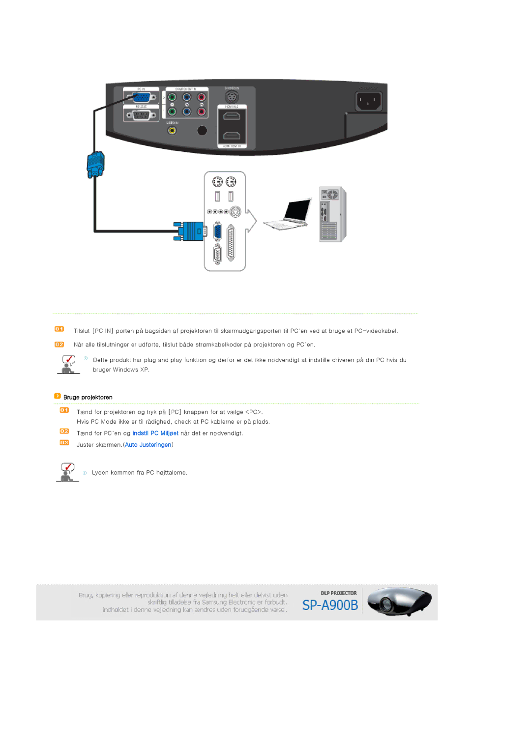 Samsung SPA900BX/EN manual Bruge projektoren 