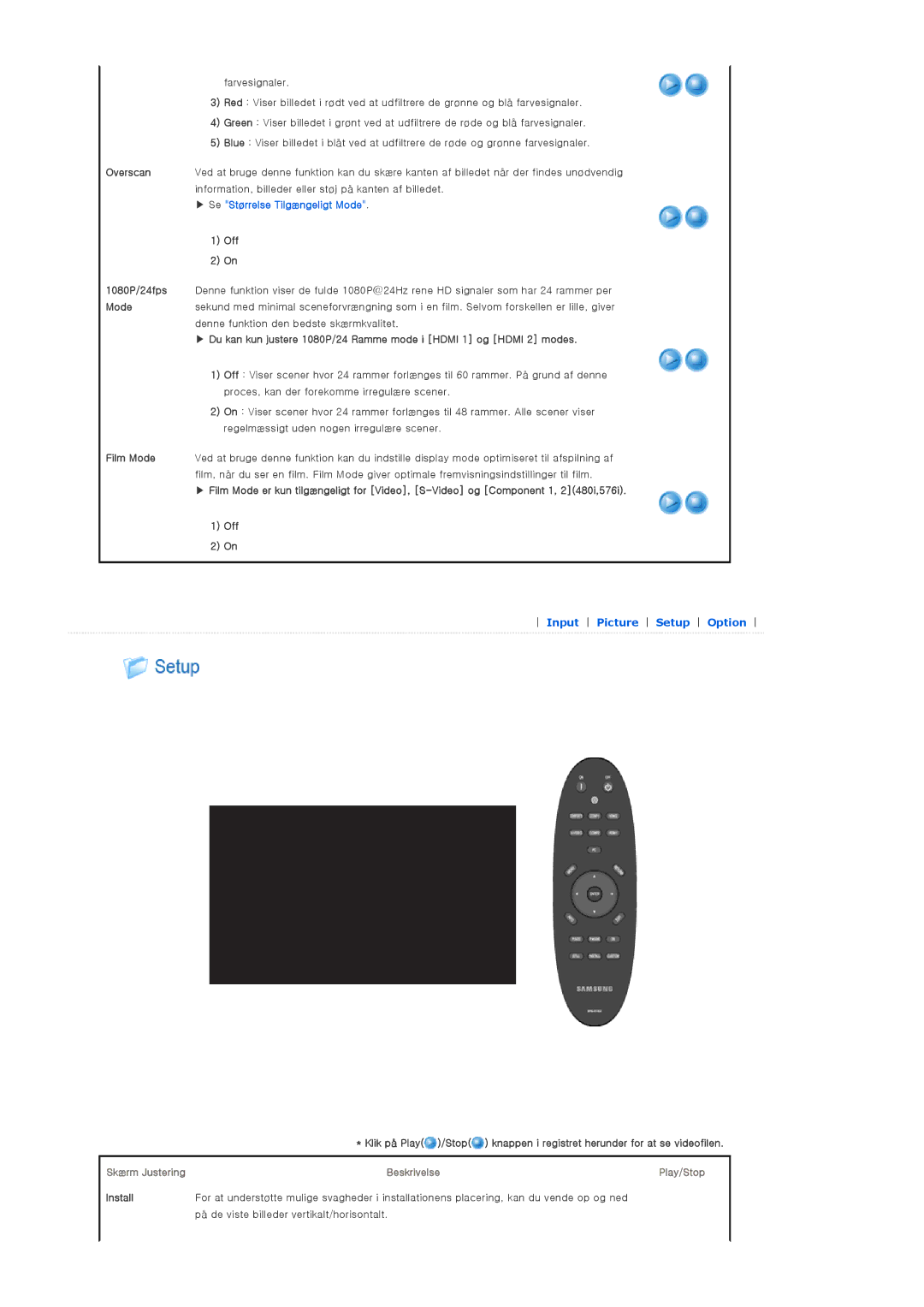 Samsung SPA900BX/EN manual Farvesignaler, Off, Klik på Play /Stop 