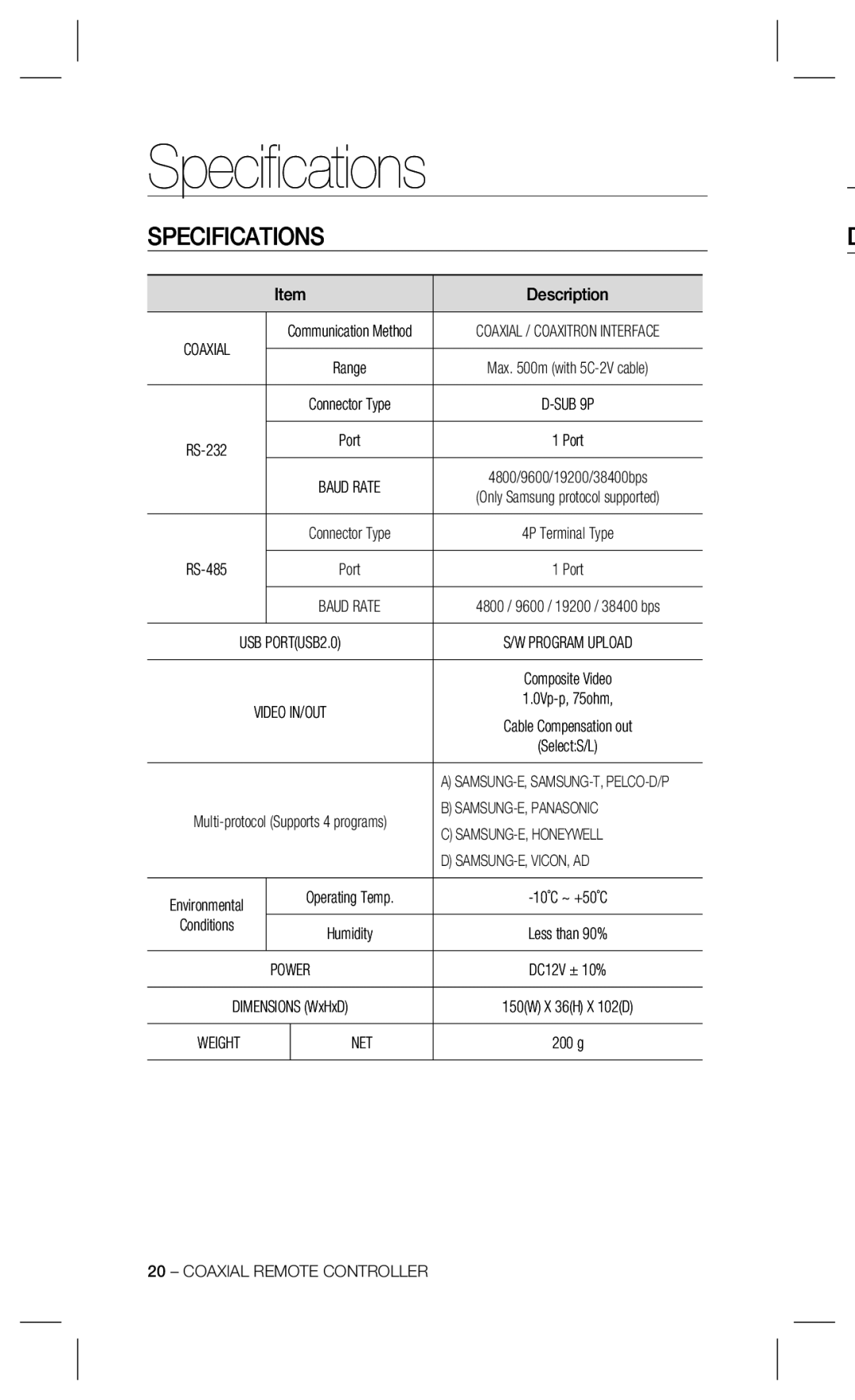 Samsung SPC-300 user manual Speciﬁcations, Specifications 