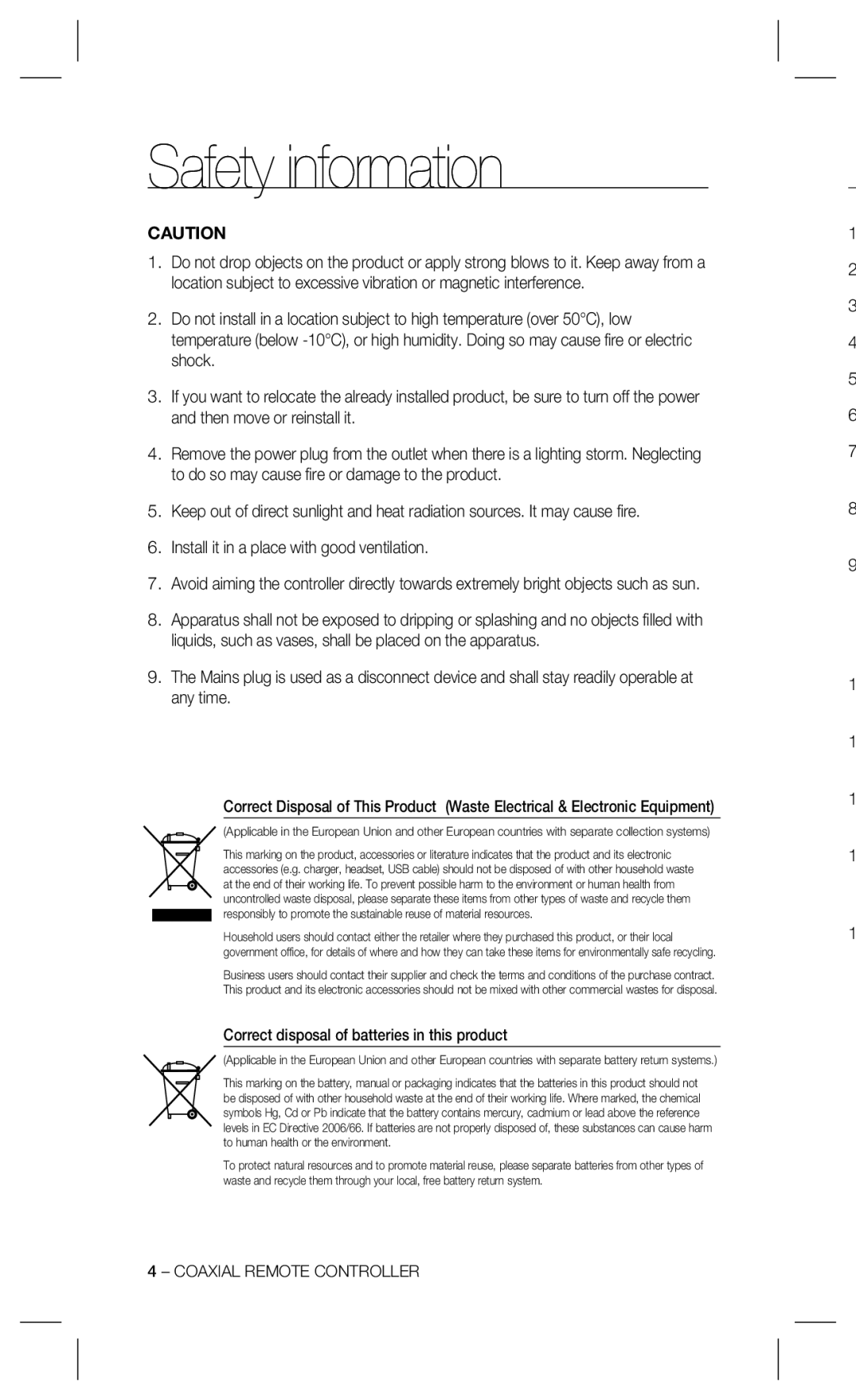 Samsung SPC-300 user manual Correct disposal of batteries in this product, Coaxial Remote Controller 