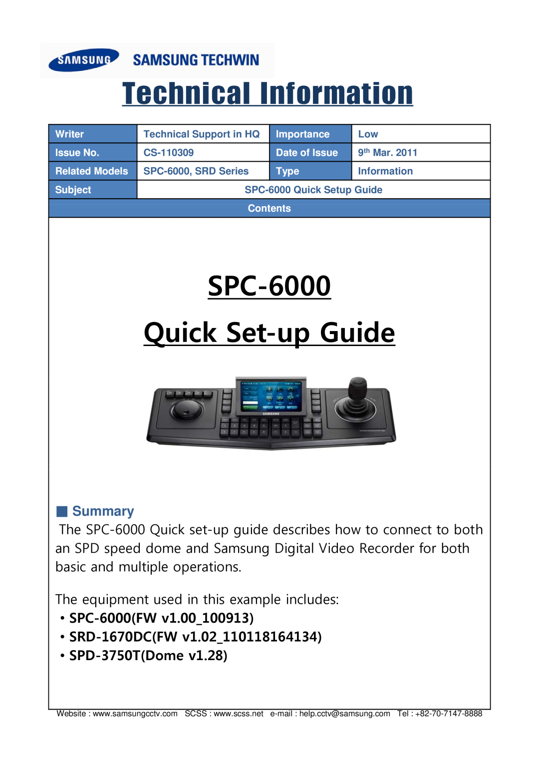 Samsung setup guide SPC-6000FW SRD-1670DCFW SPD-3750TDome, Writer, Importance, Issue No, Date of Issue, Related Models 