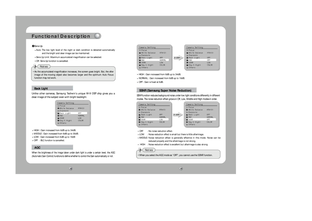 Samsung SPD-1000 user manual Back Light, Ssnr Samsung Super Noise Reduction, Sens-Up, No noise reduction effect 