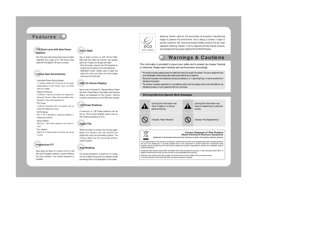 Samsung SPD-1000 user manual Features 