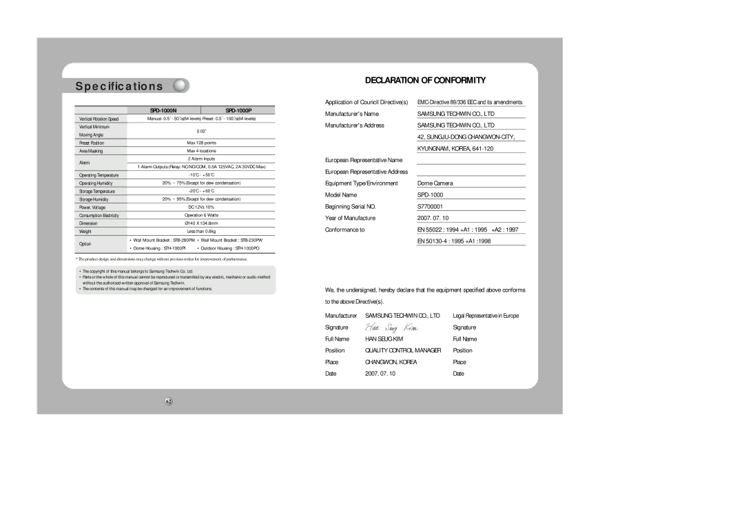 Samsung SPD-1000 user manual Declaration of Conformity 